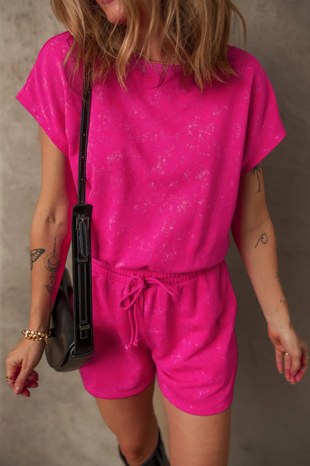 Mineral Wash Hollow Out Back Drawstring Waist Romper