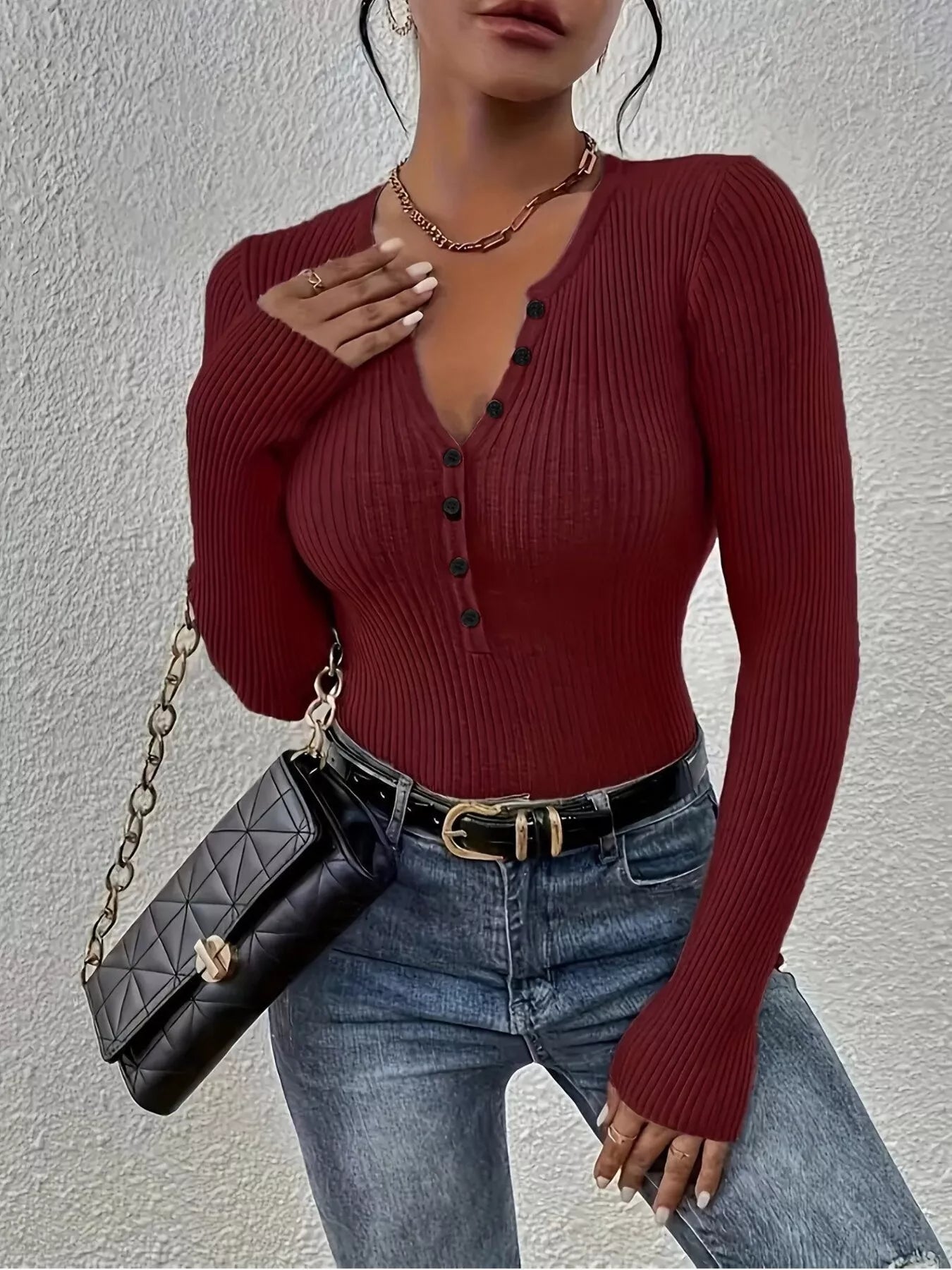 Ribbed Knit Button Front Knit Top