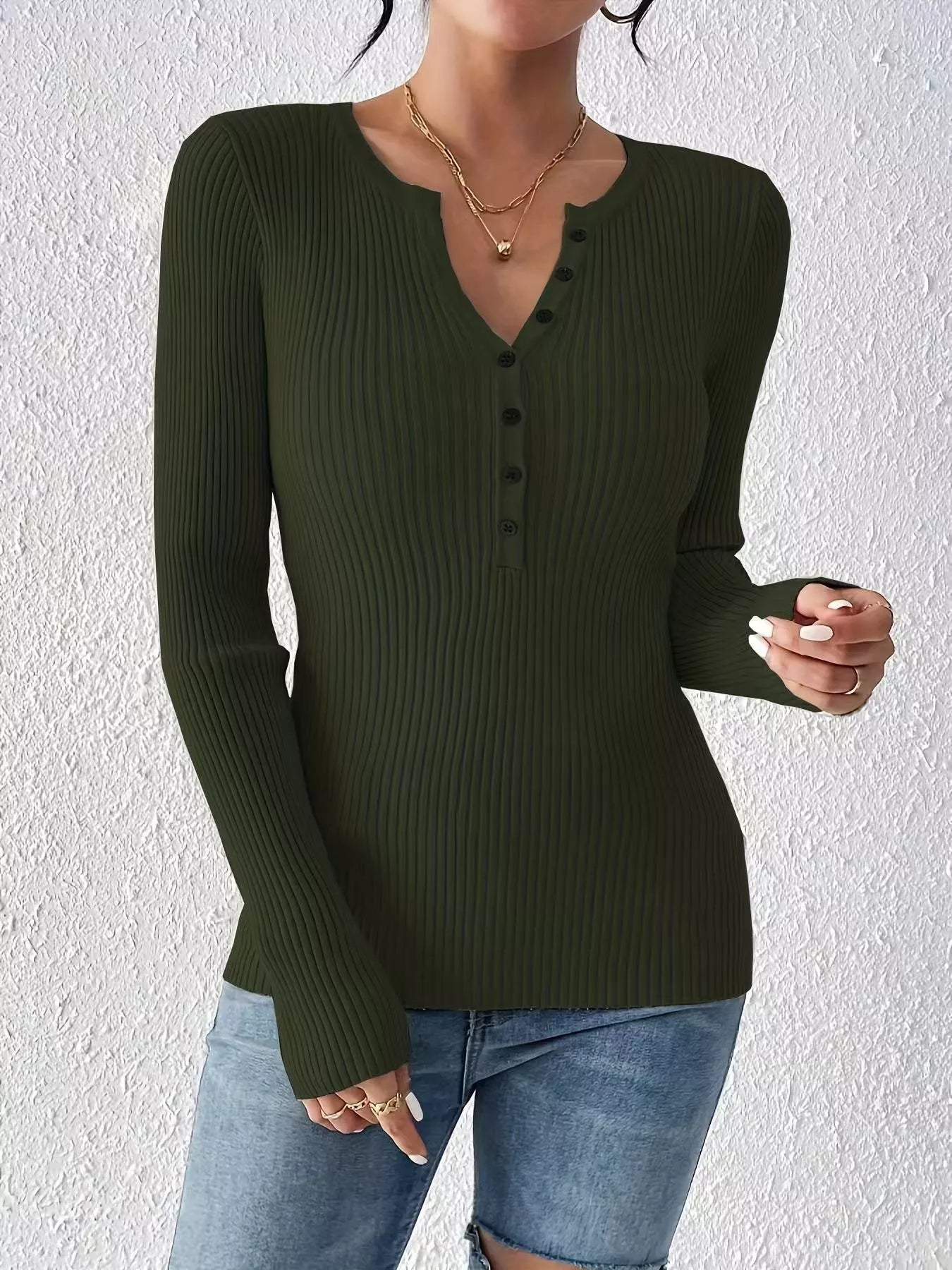 Ribbed Knit Button Front Knit Top