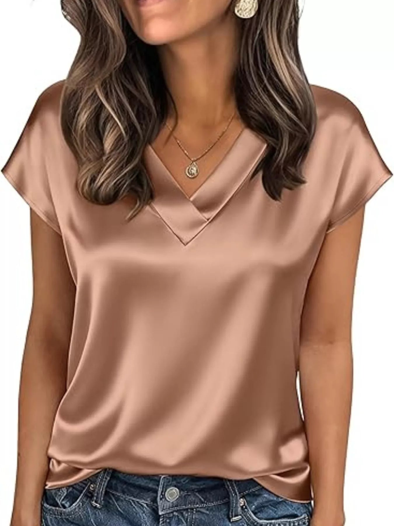 Satin V-Neck Short Sleeve Blouse