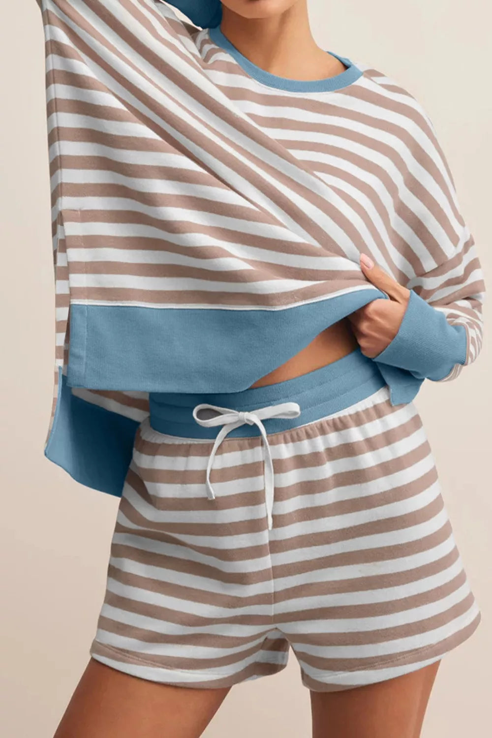 Stripe Color Block Patchwork Oversized Top and Shorts 2pcs Set