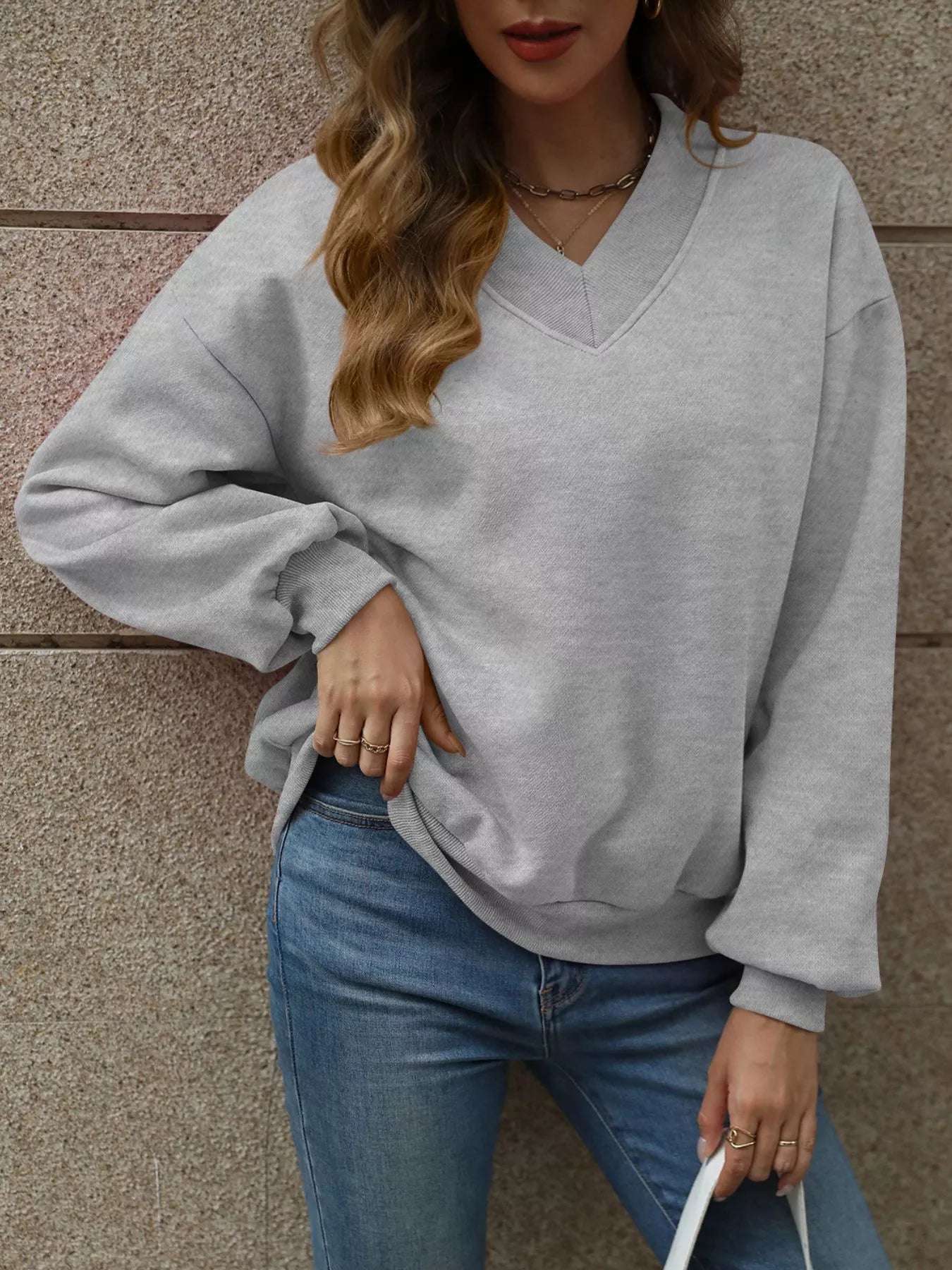 V-Neck Solid Color Casual Sweatshirt