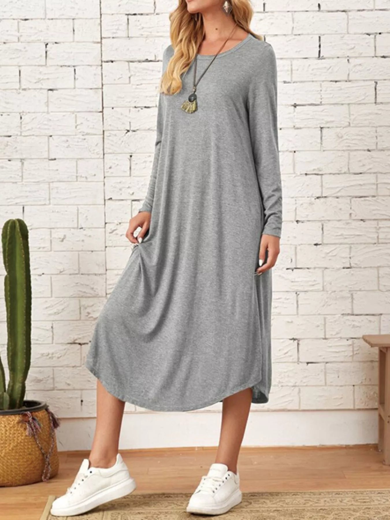 Casual Long Sleeve Pocket Midi Dress