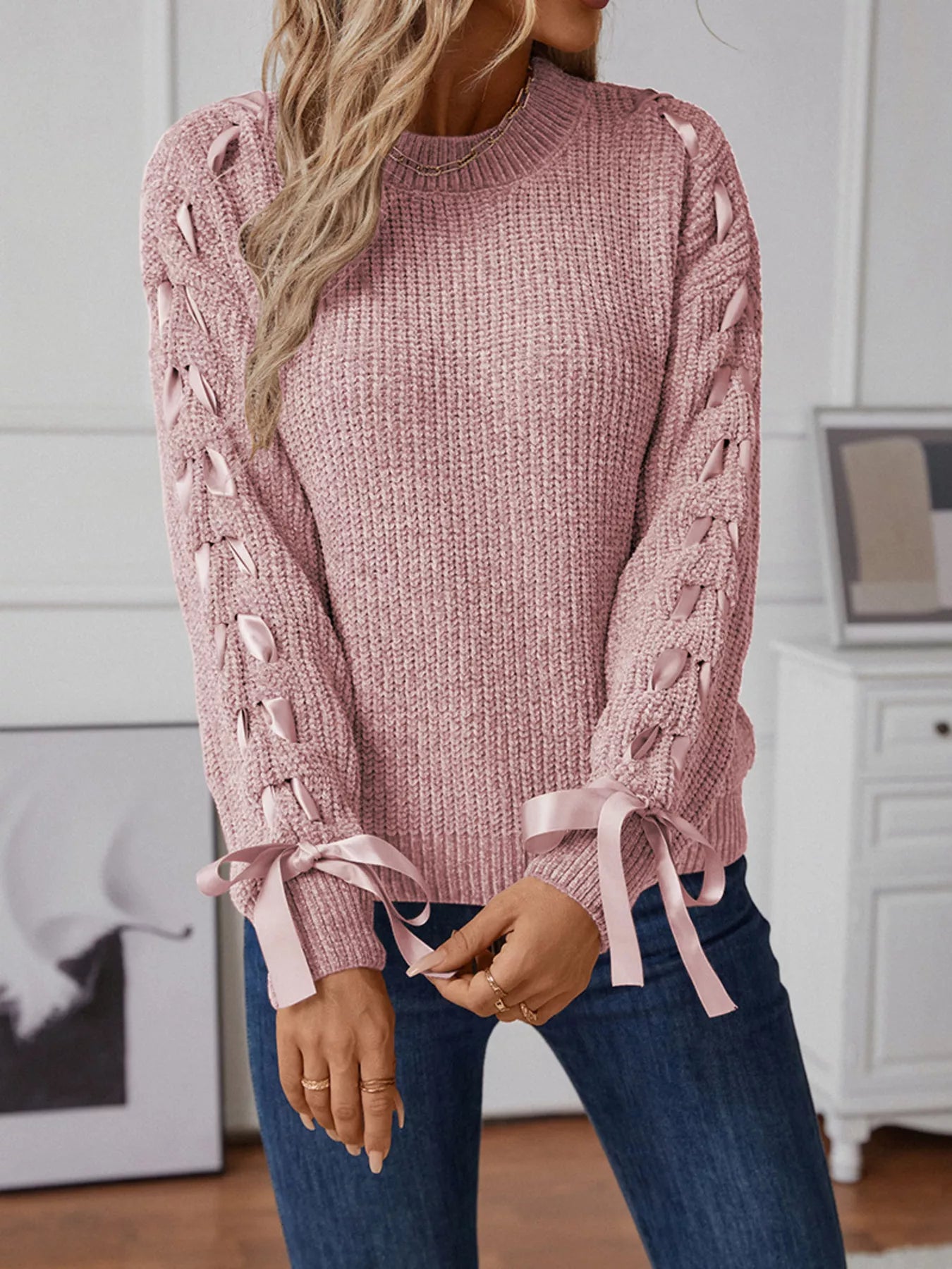 Ribbon-Tie Sleeve Round Neck Sweater
