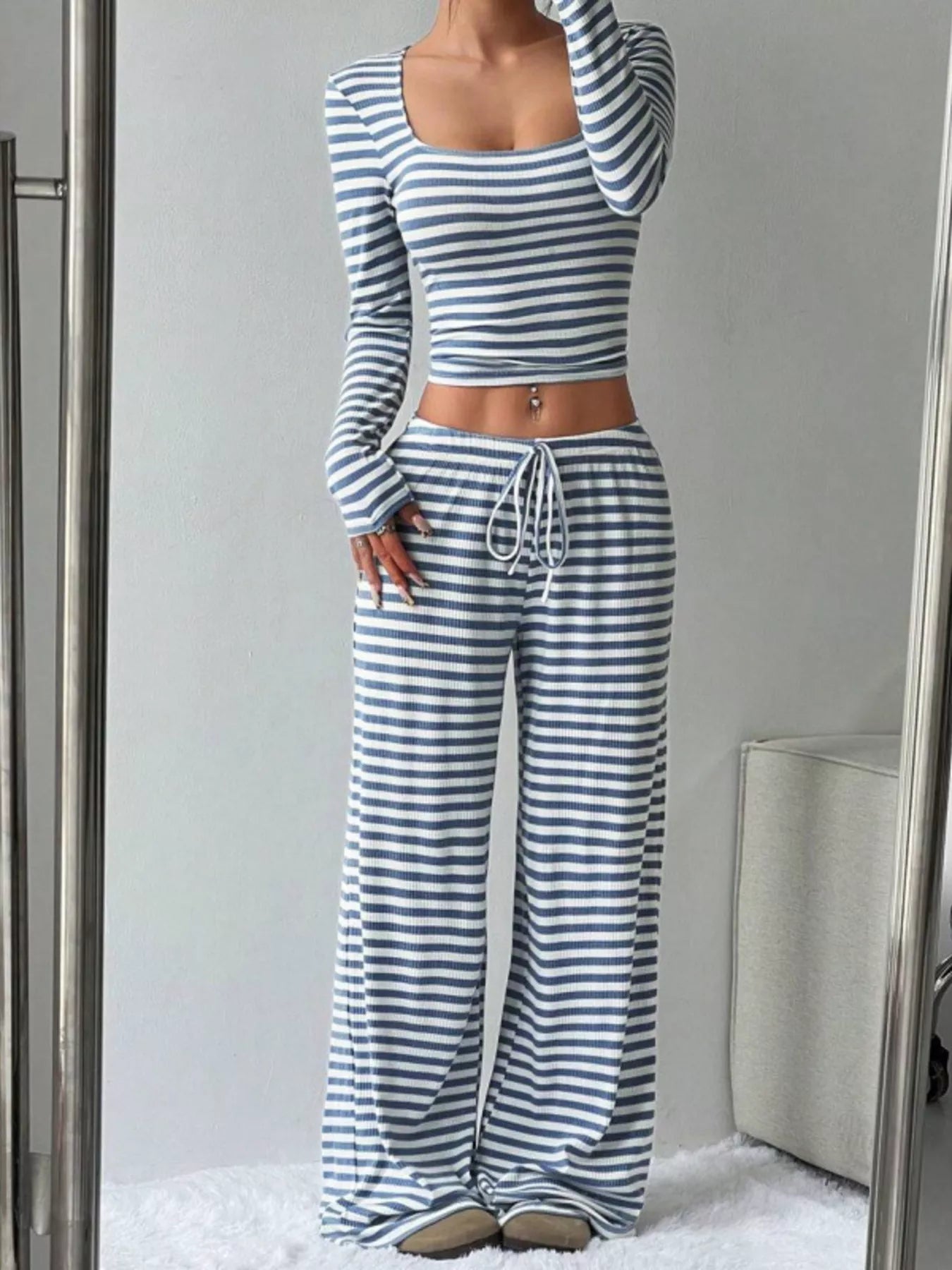 Striped Long Sleeve Crop Top and Wide Leg Pants Set