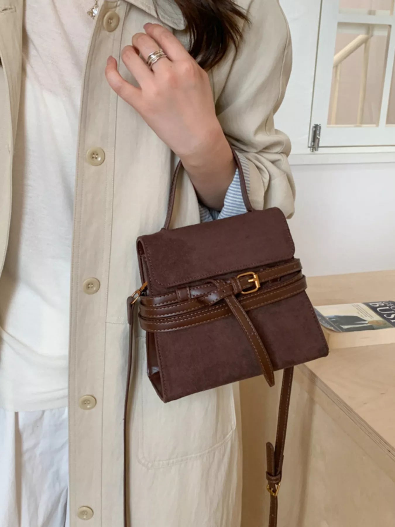 Suede Buckle Decor Crossbody Bag