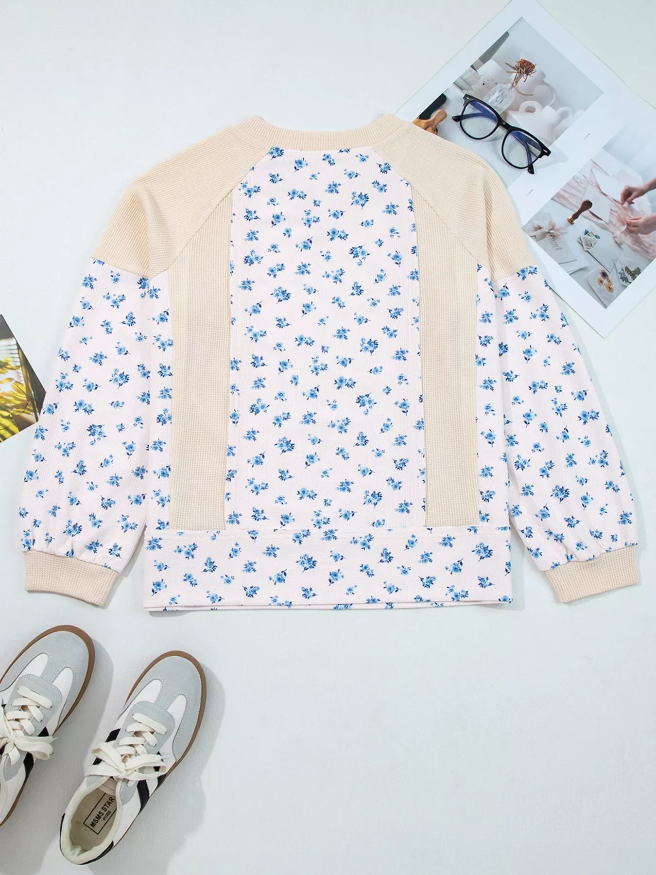 Waffle Knit Floral Color Block Patchwork Balloon Sleeves Oversized Top