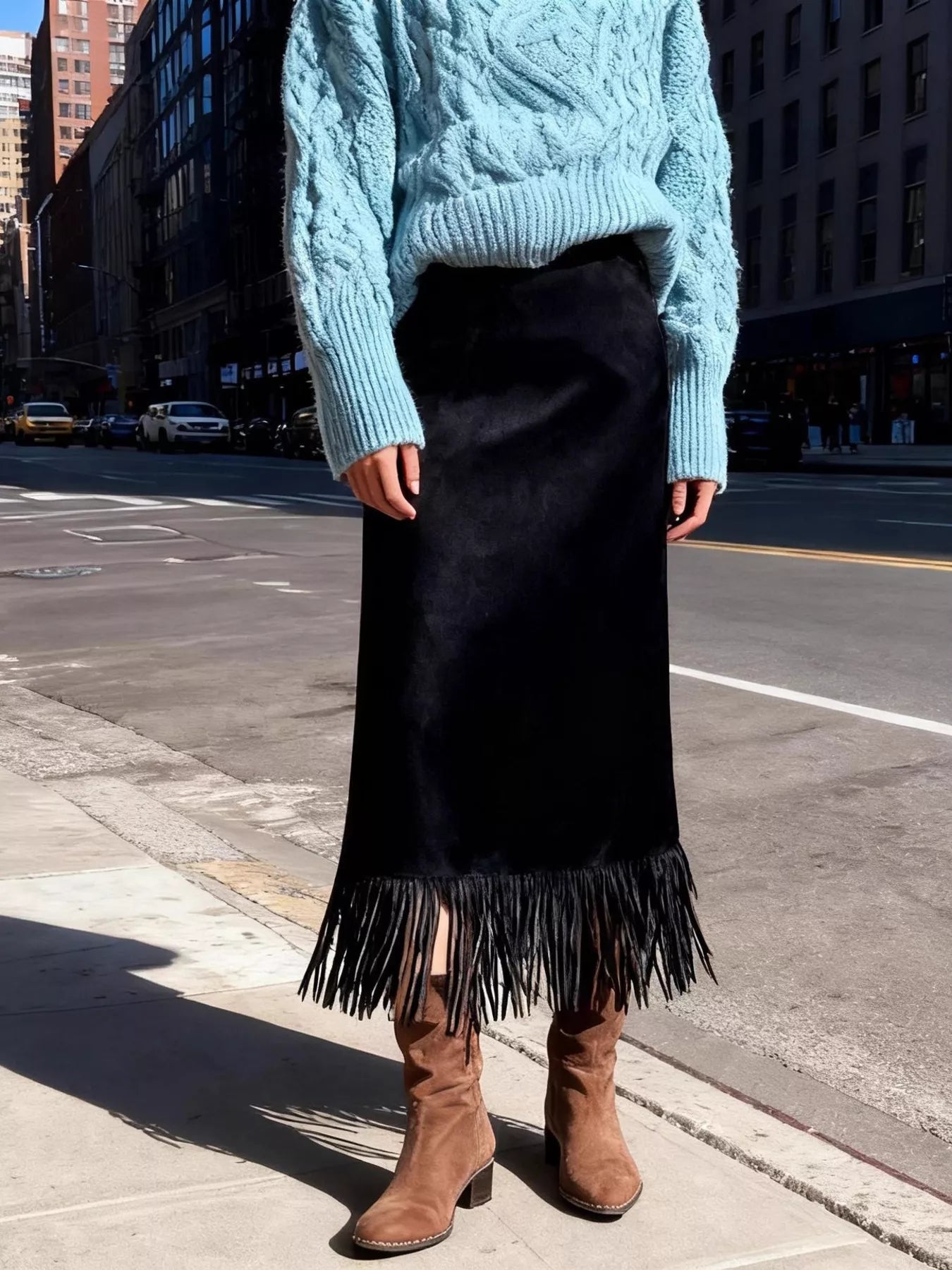 Suede Fringe Midi Skirt