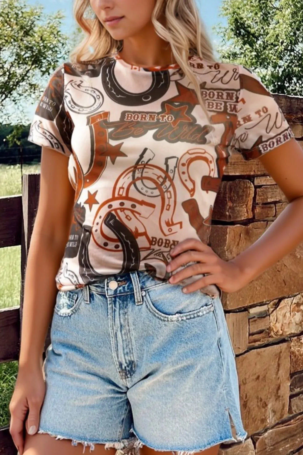 Western Horseshoe Printed Mesh Short Sleeve T Shirt
