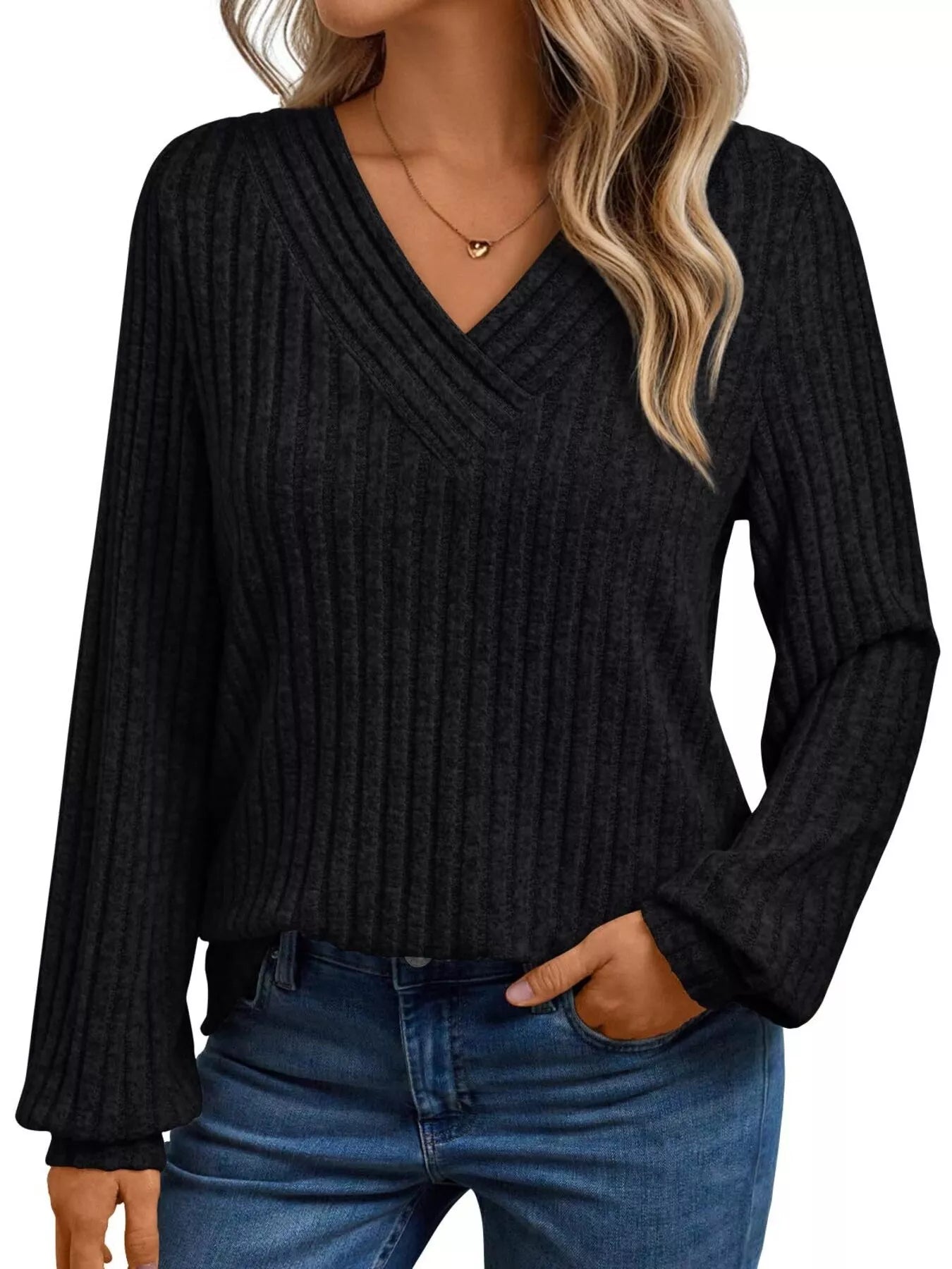 Ribbed Knit V-Neck Long Sleeve T-Shirt