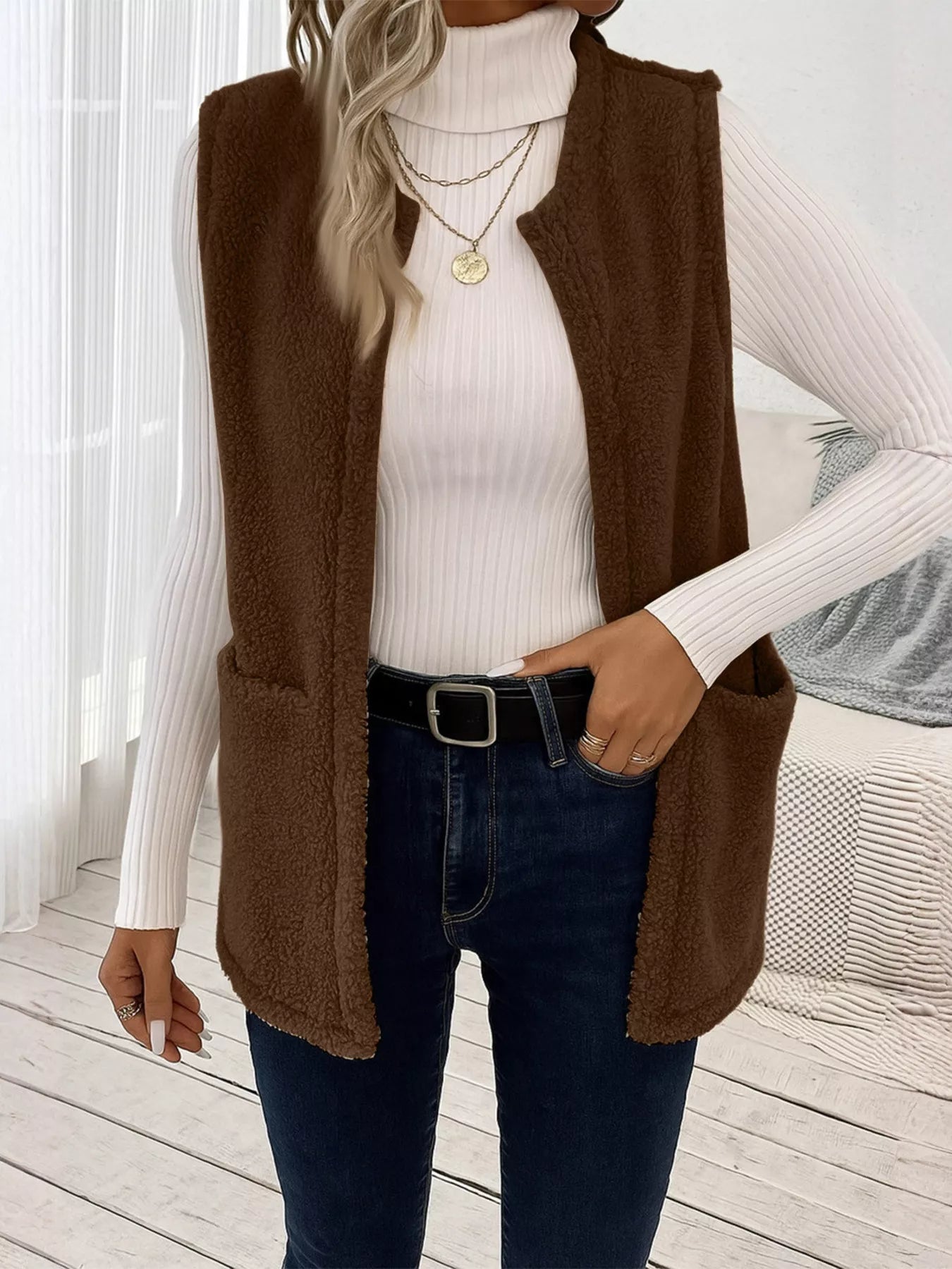 Sleeveless Fuzzy Fleece Vest Coat