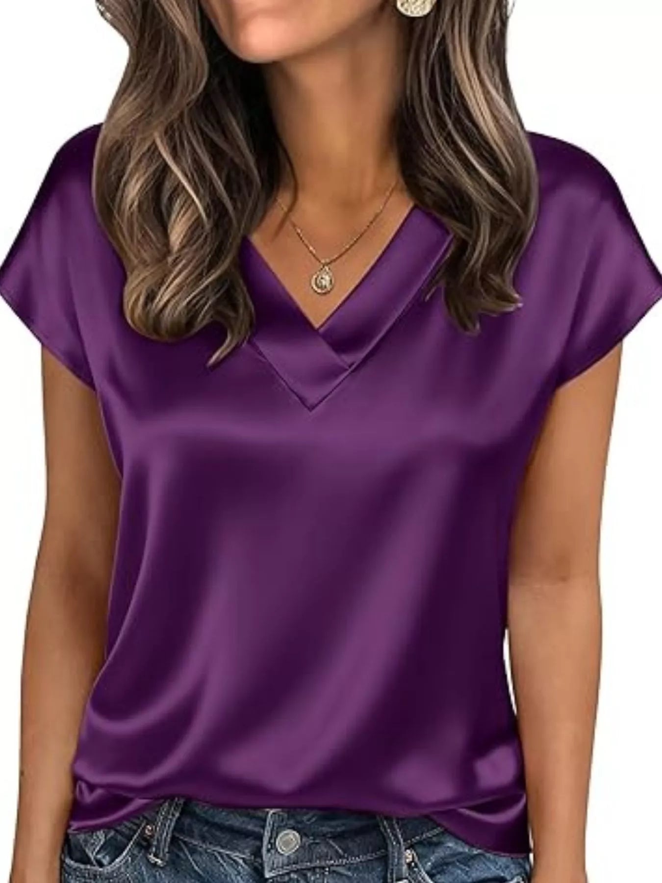 Satin V-Neck Short Sleeve Blouse