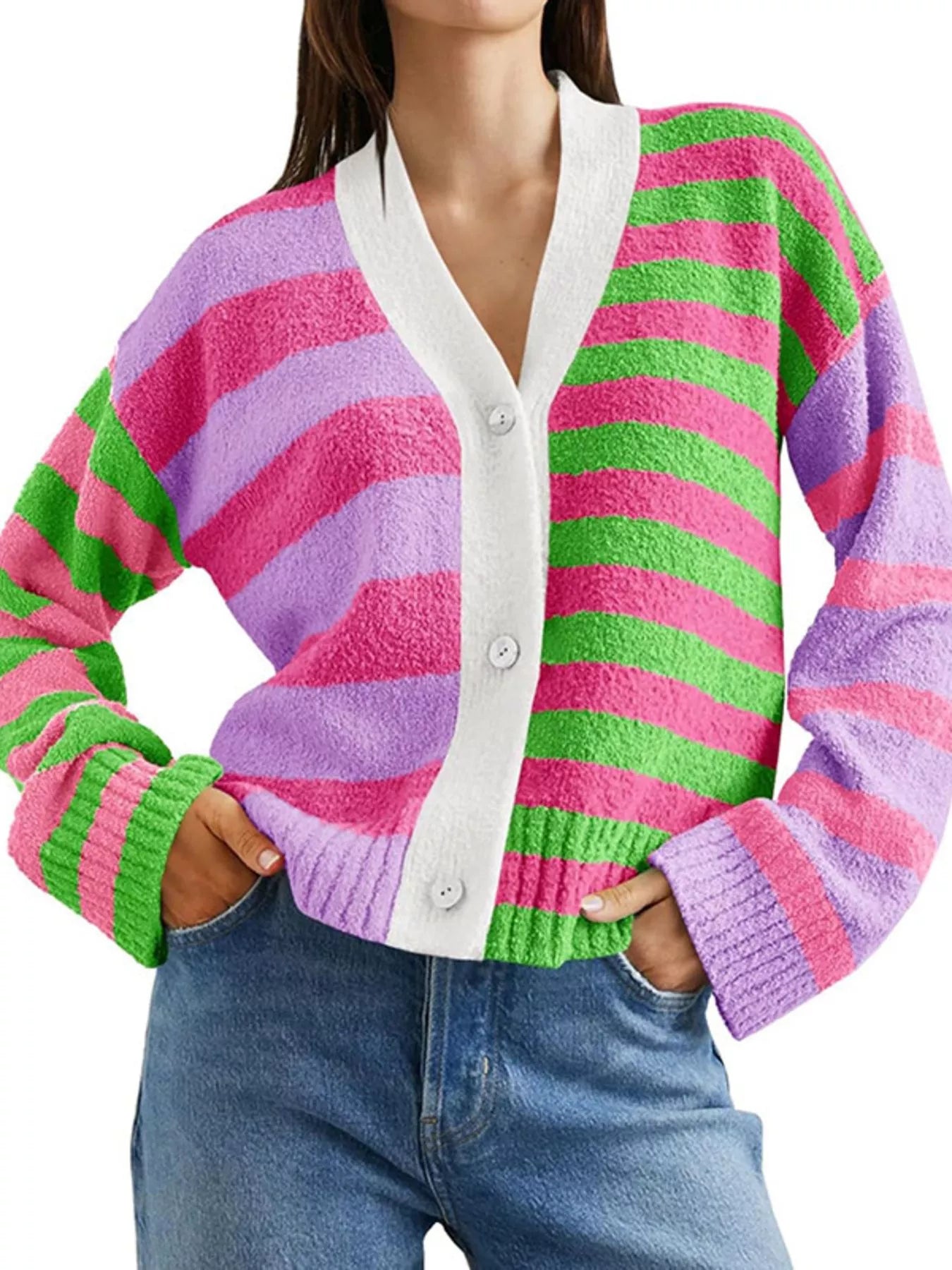 Striped Knit Button-Down Cardigan