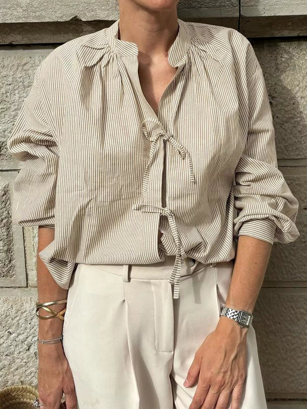 Striped Tie-Front Long Sleeve Shirt