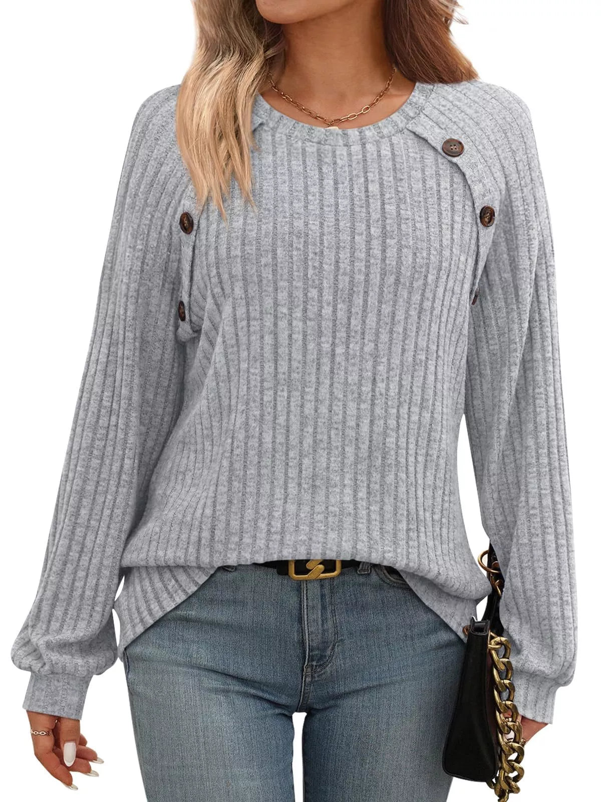 Ribbed Knit Decor Button Long Sleeve T-Shirt