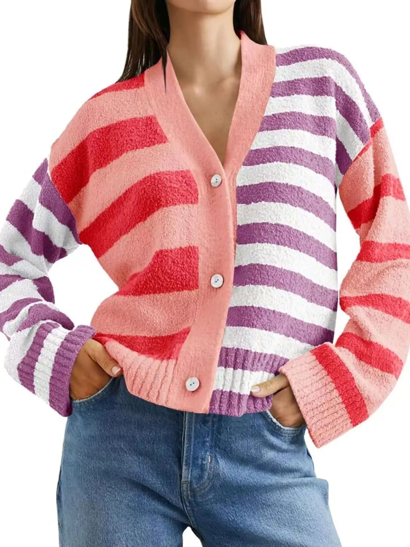 Striped Knit Button-Down Cardigan