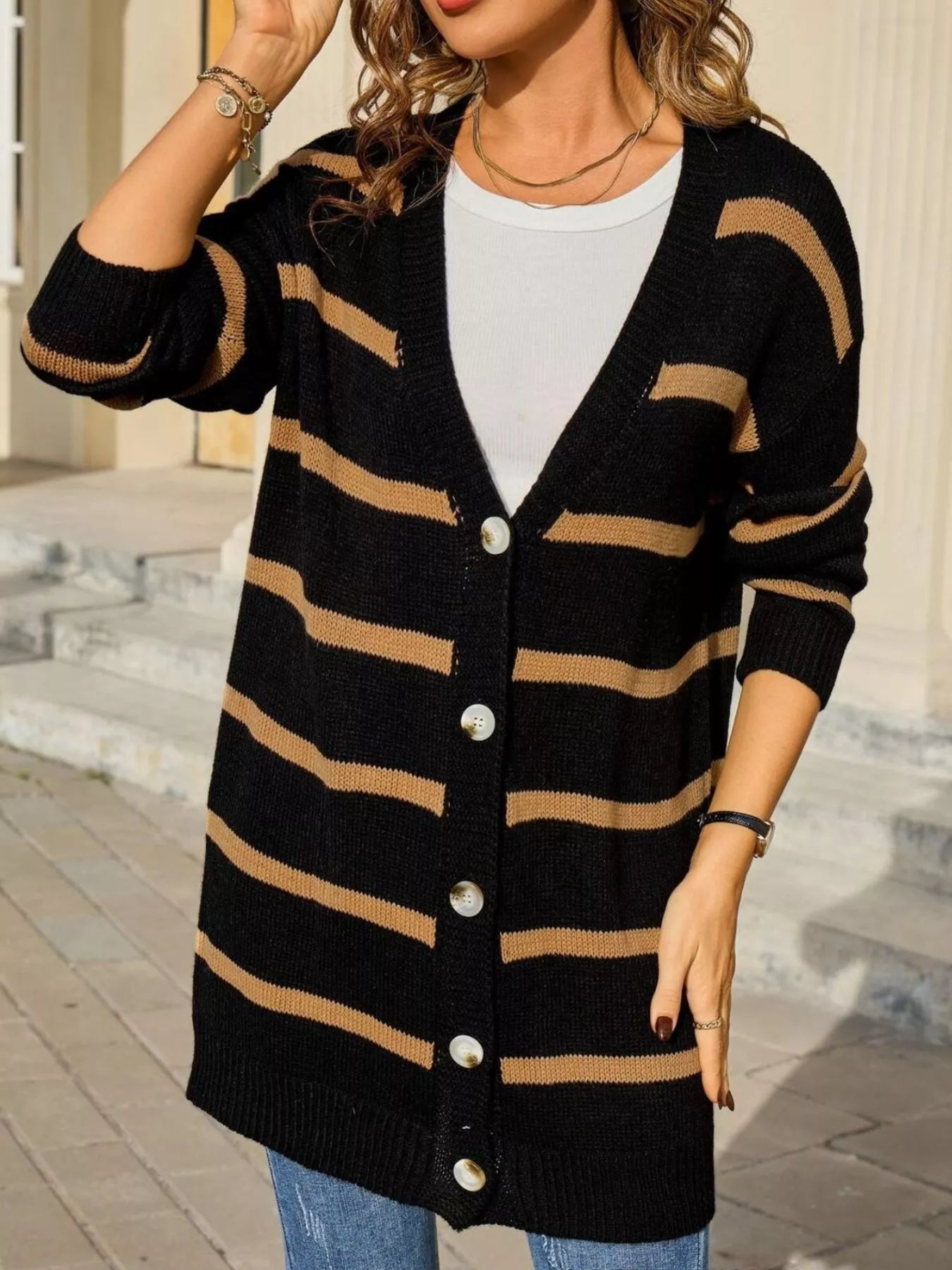 Striped Button-Down Knit Cardigan