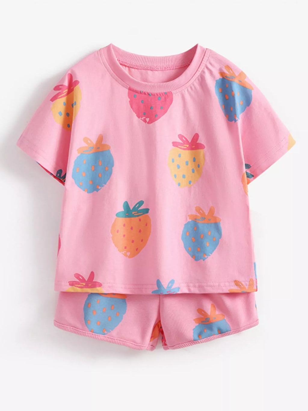 Children's Strawberry Print Round Neck Tee and Shorts Set