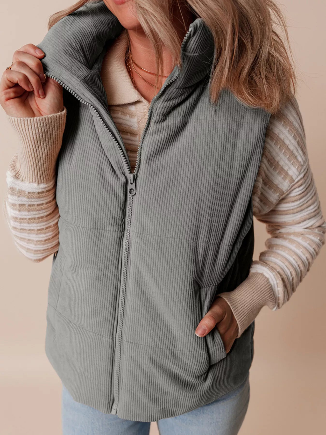 Corduroy Stand Neck Zipped Puffer Vest