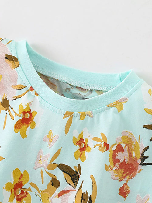 Children's Floral Print Round Neck Top and Shorts Set