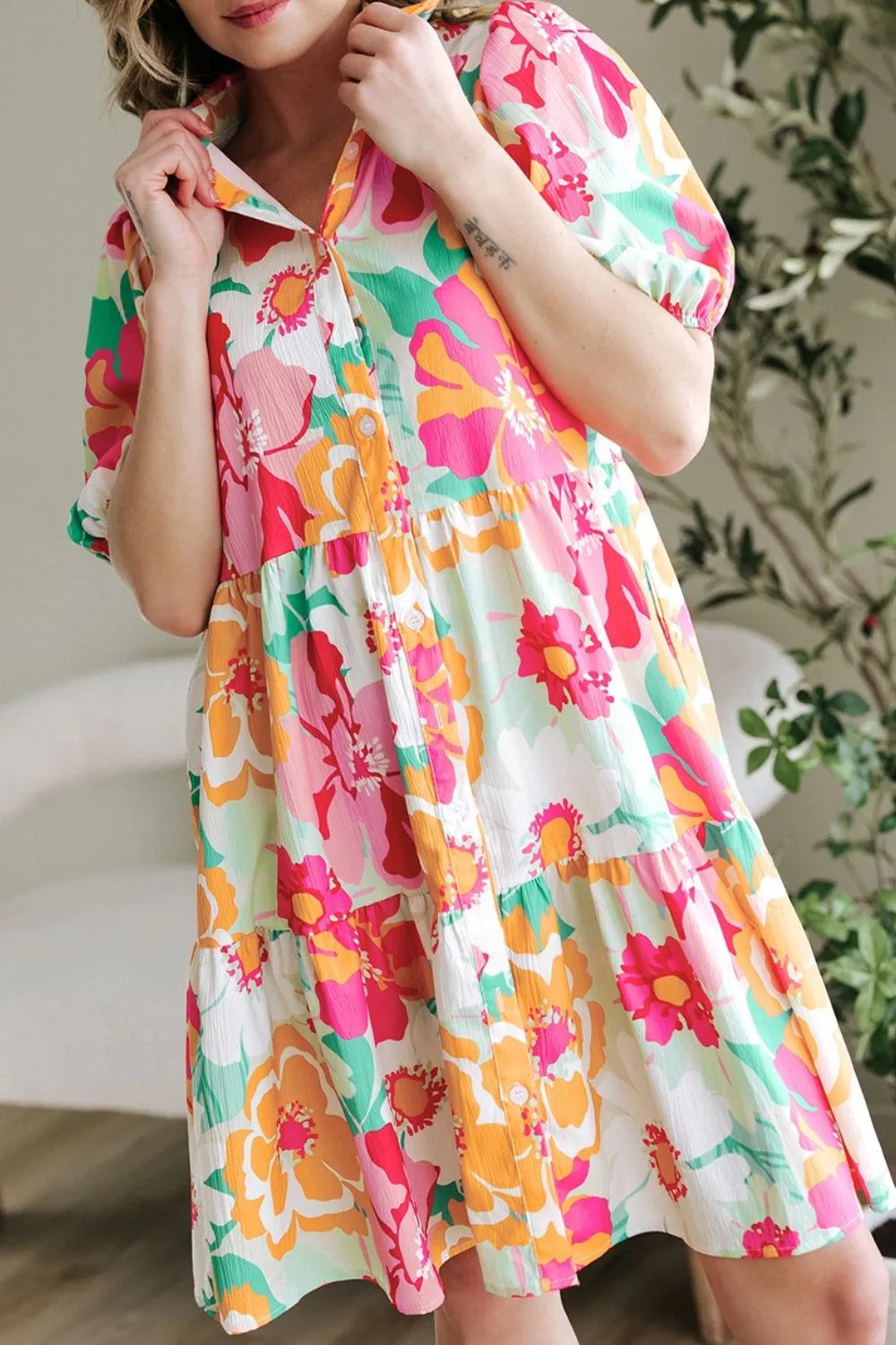 Button Down Floral Puff Sleeve Babydoll Dress