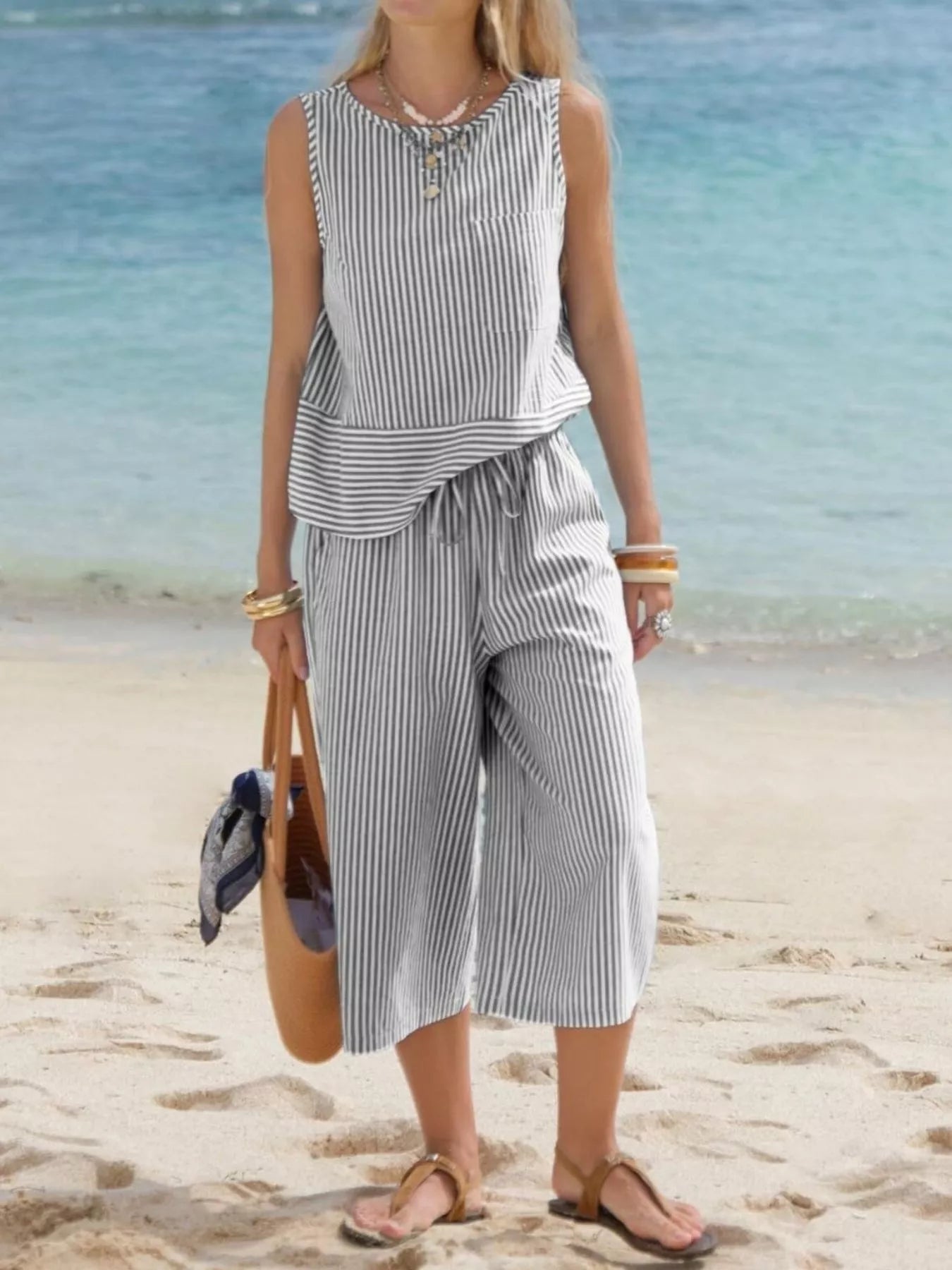 Striped Sleeveless Top and Cropped Pants Set