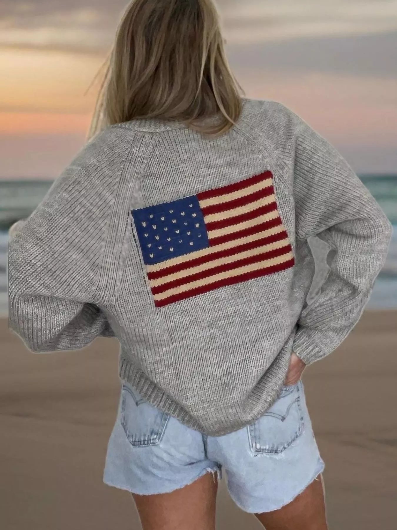 USA Flag Chunky Knit Button-Down Cardigan