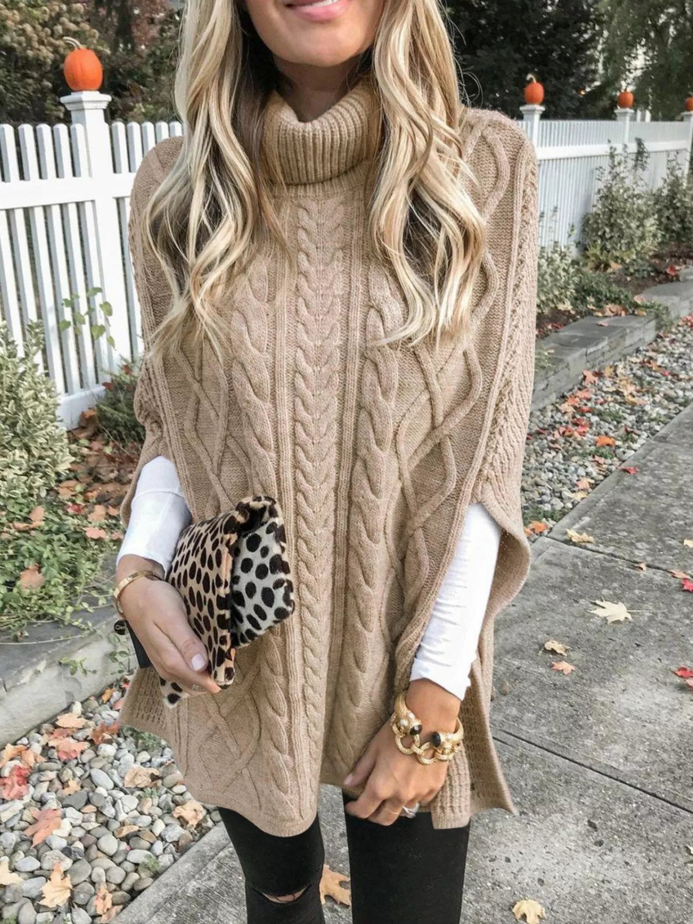 Chunky Cable Knit Turtleneck Poncho Cover Up