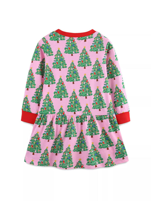 Children's Christmas Tree Print Long Sleeve Dress
