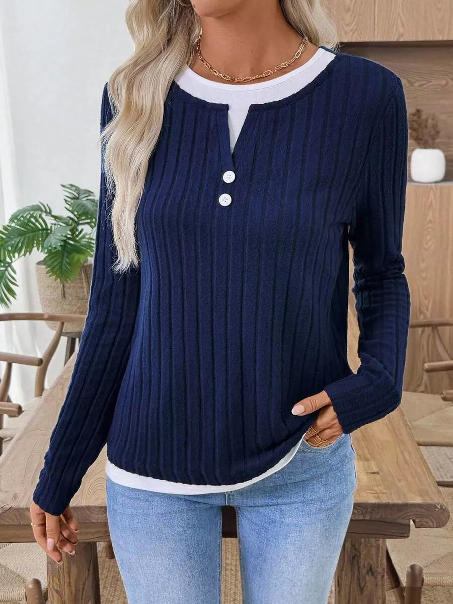 Ribbed Knit Long Sleeve Fake Two-Piece T-Shirt
