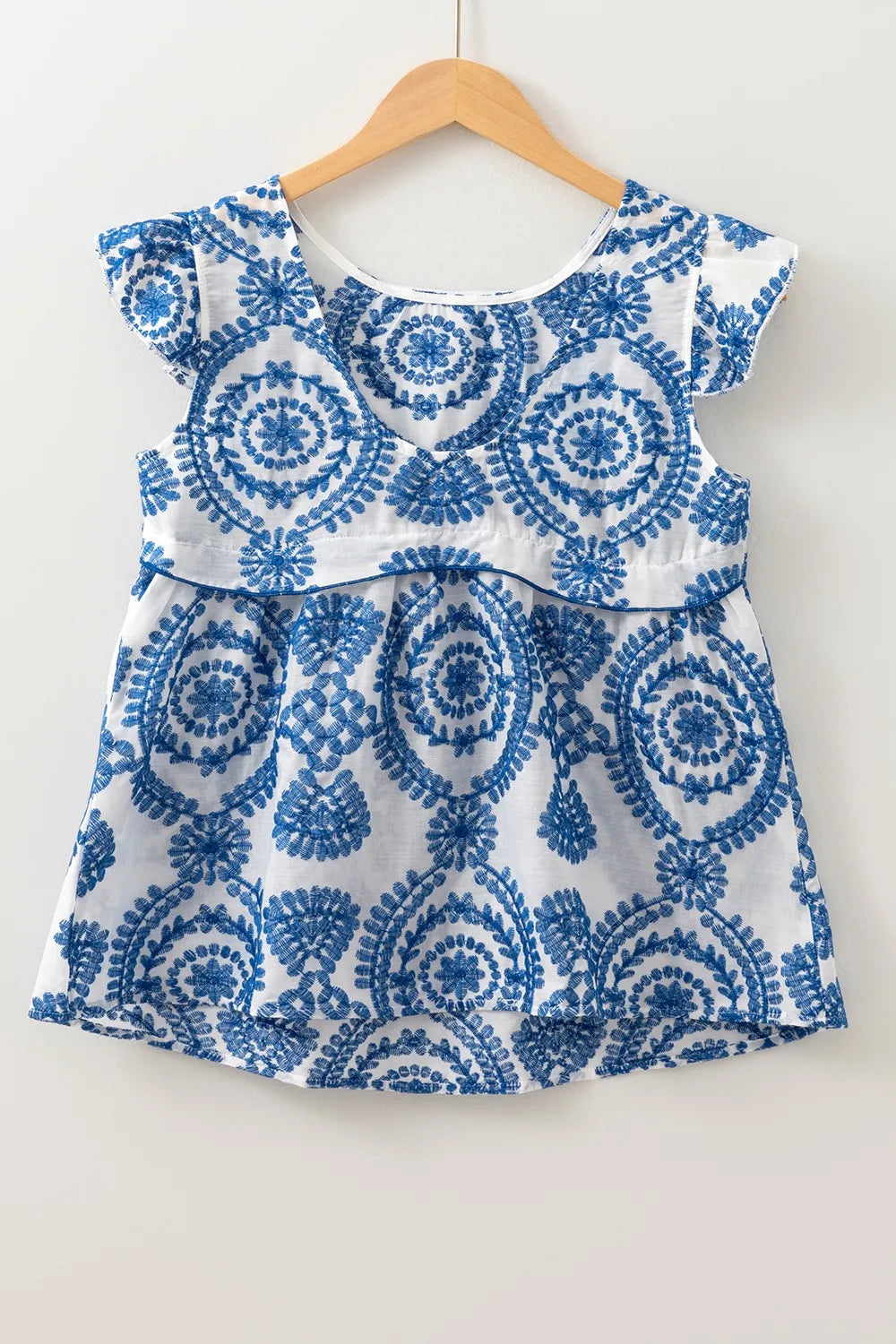 Boho Print Ruffled Cap Sleeve Crew Neck Blouse