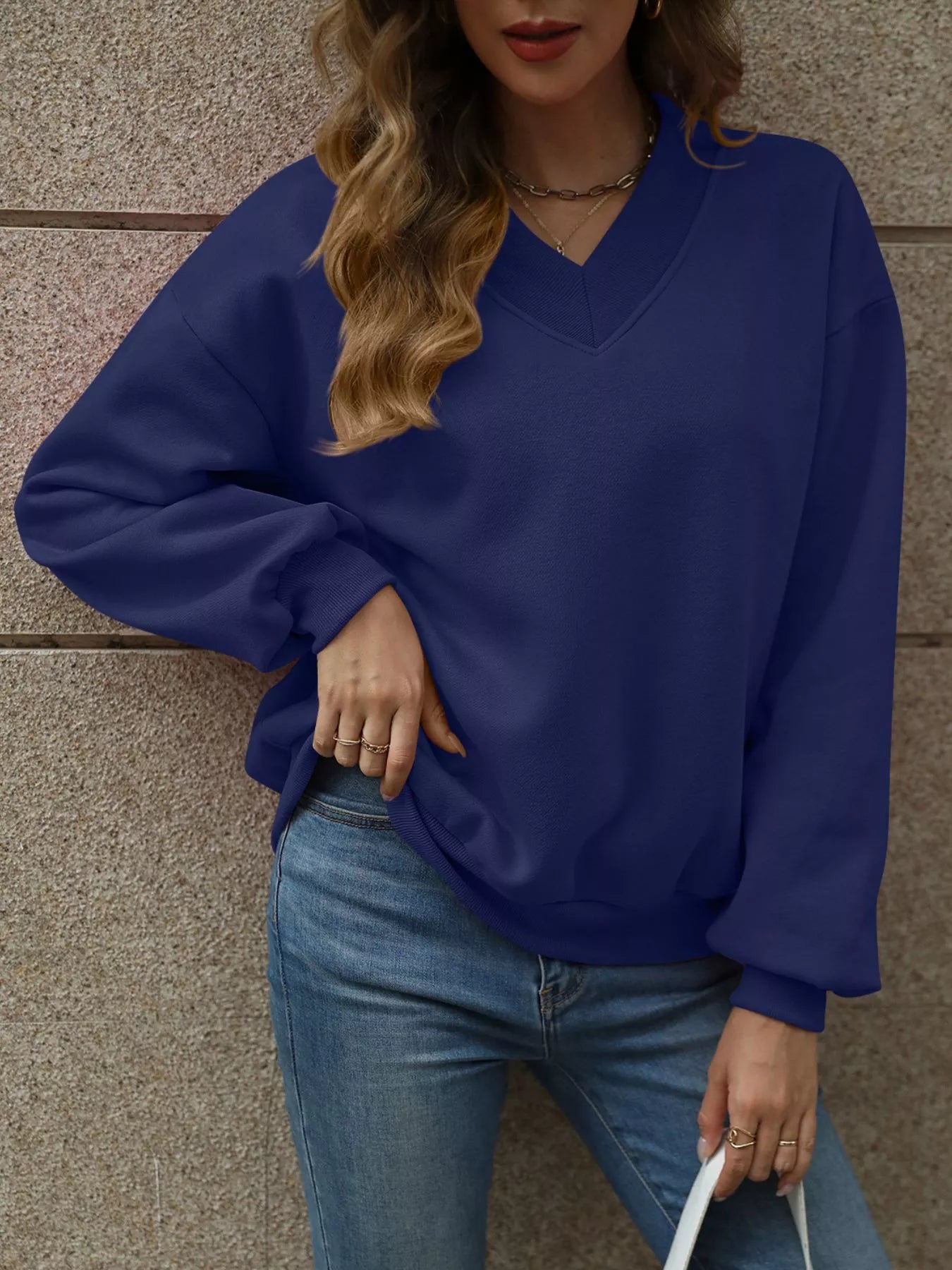 V-Neck Solid Color Casual Sweatshirt