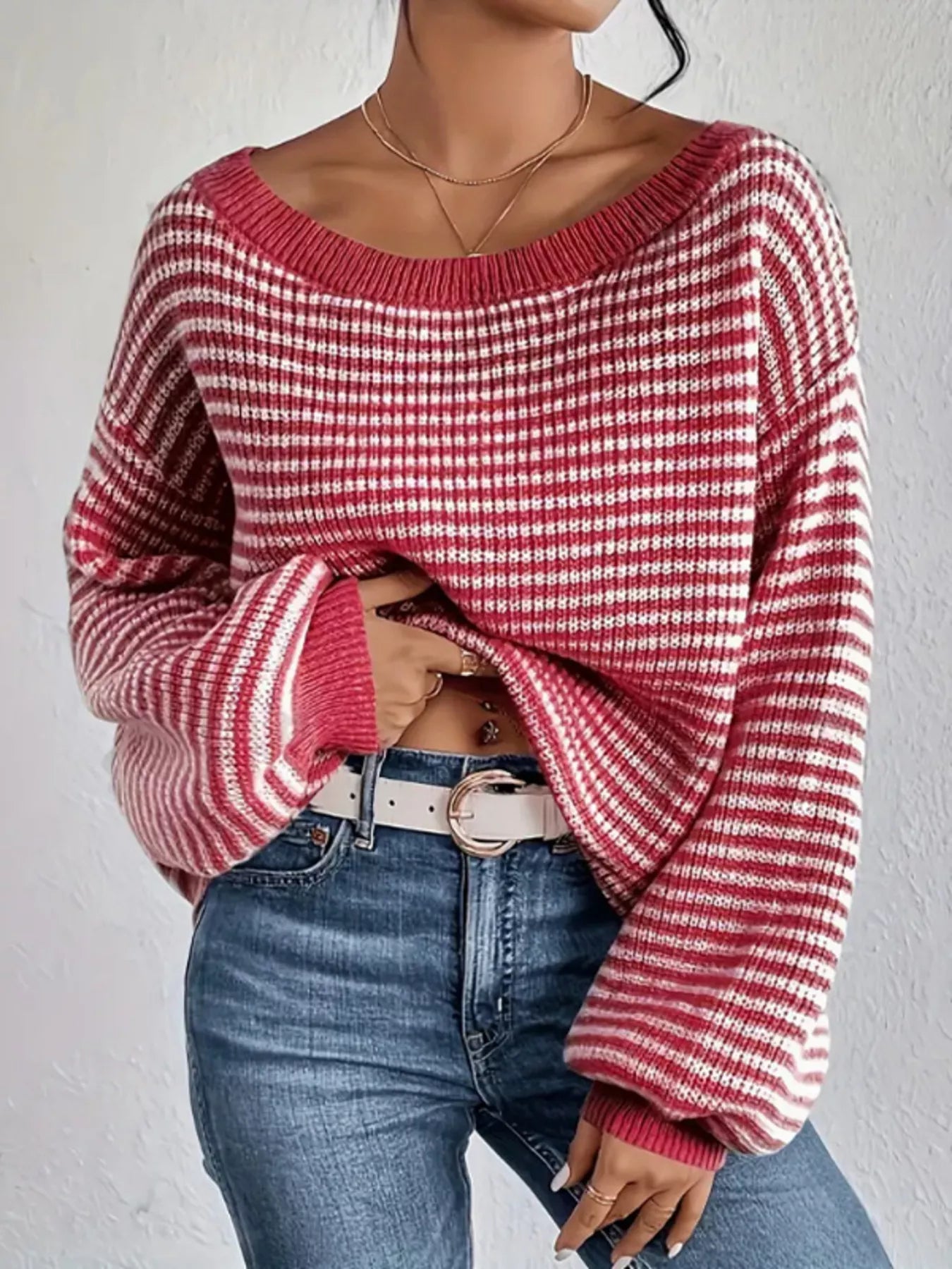 Striped Boat Neck Long Sleeve Sweater