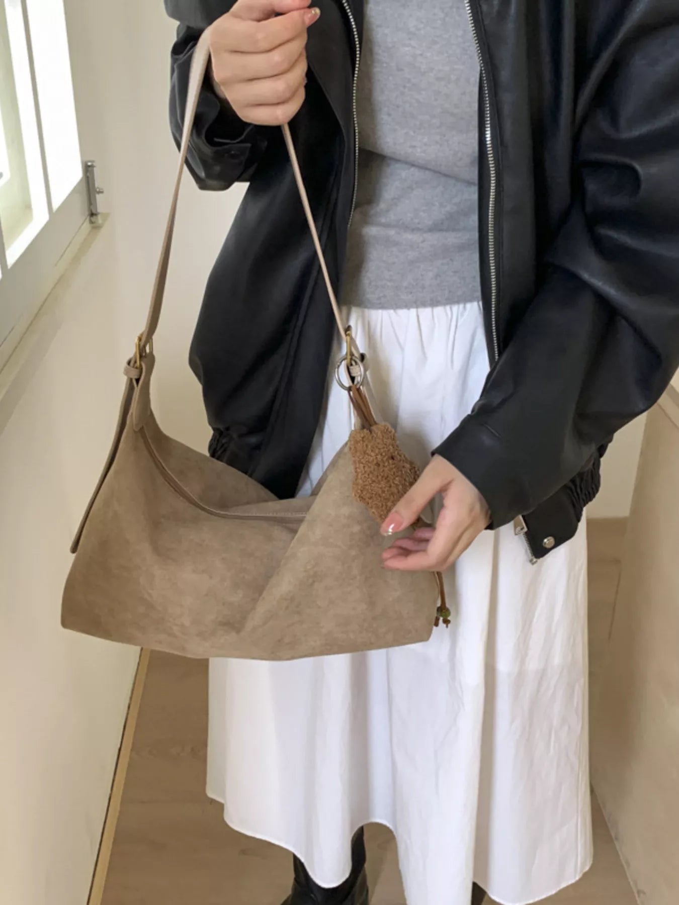 Solid Color Suede Hobo Crossbody Bag