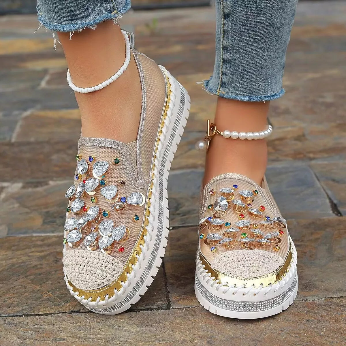 Rhinestone Decor Platform Loafers