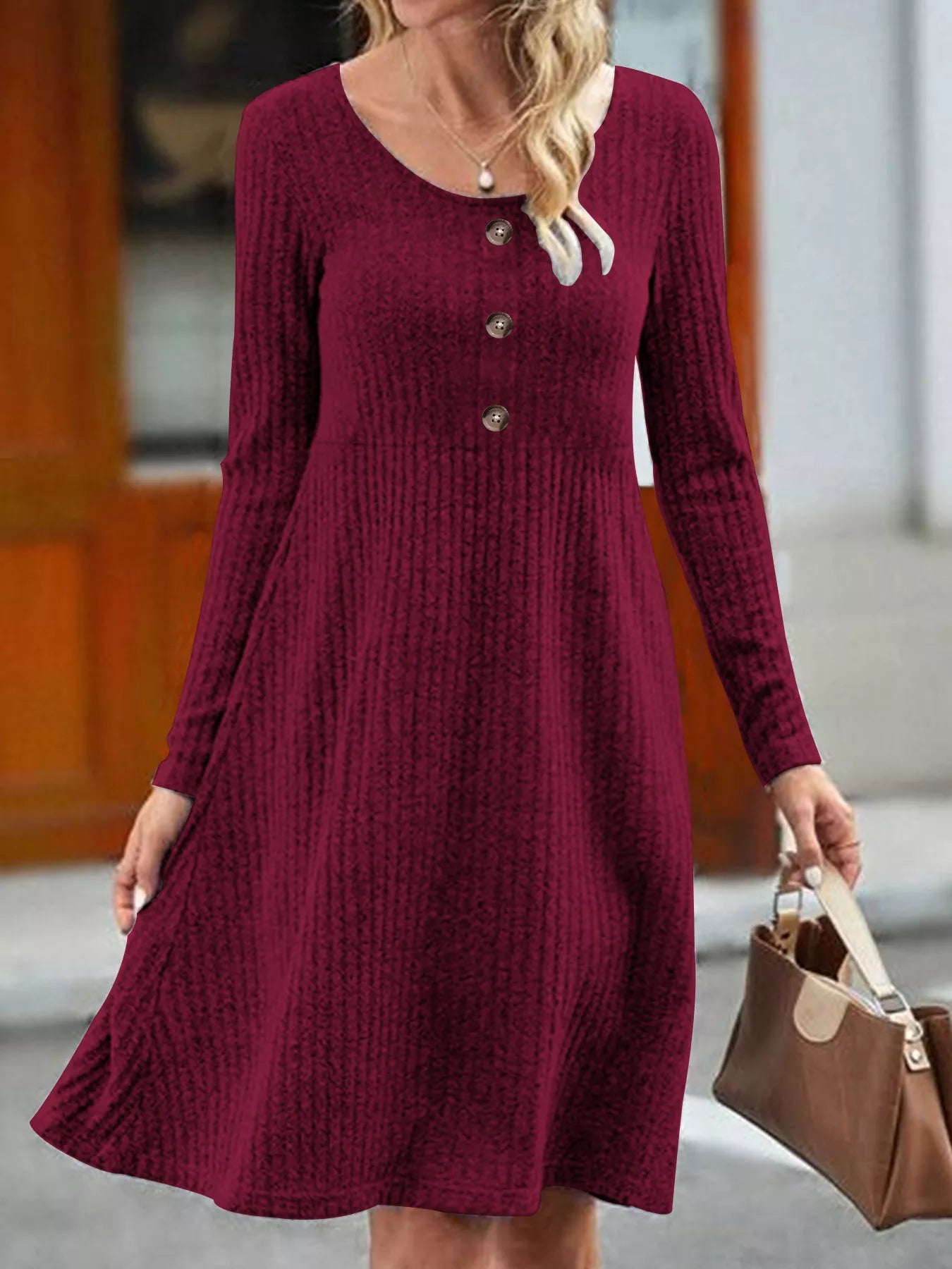 Ribbed Knit Long Sleeve A-Line Dress
