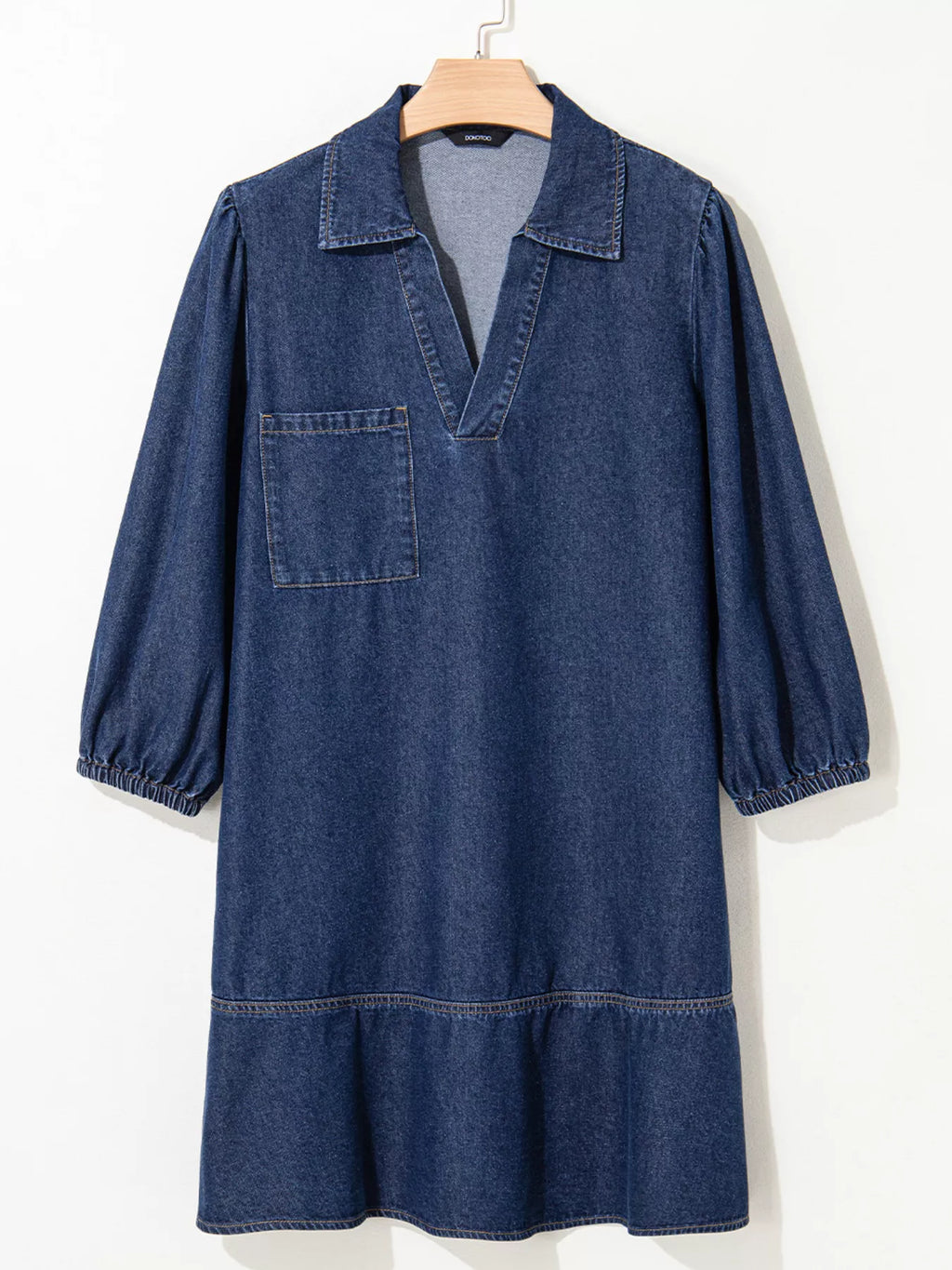 V Neck Collared Single Chest Pocket Long Sleeve Denim Dress