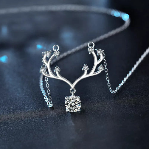 1 Carat Moissanite 925 Sterling Silver Deer Antler Pendant Necklace