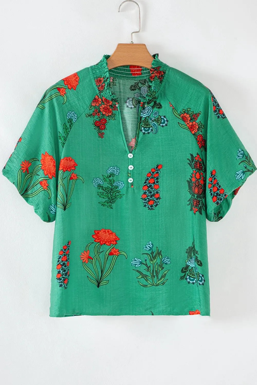 Floral Print Notched Short Sleeve Blouse