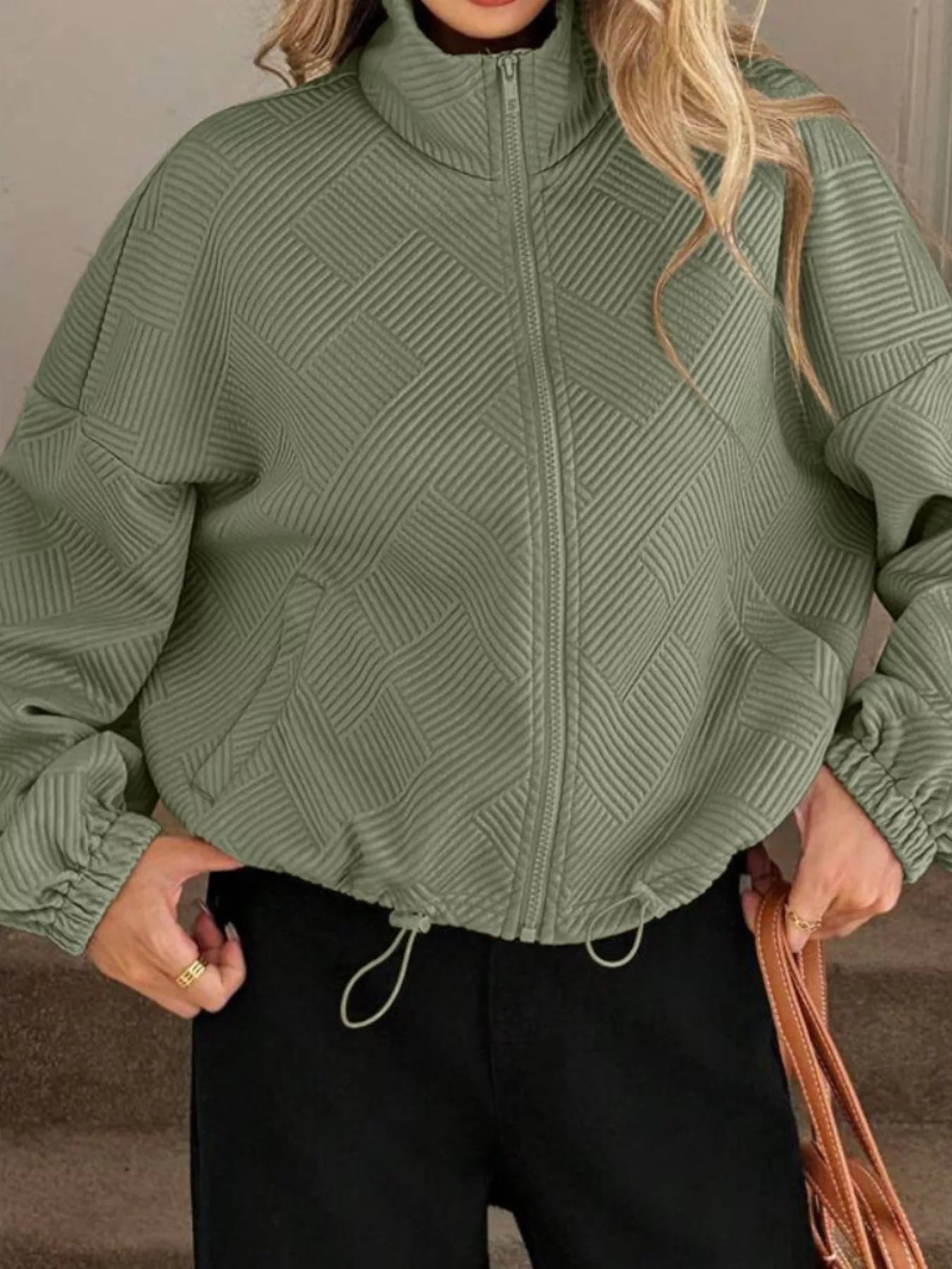 Textured Zip-Up Drawstring Hem Jacket