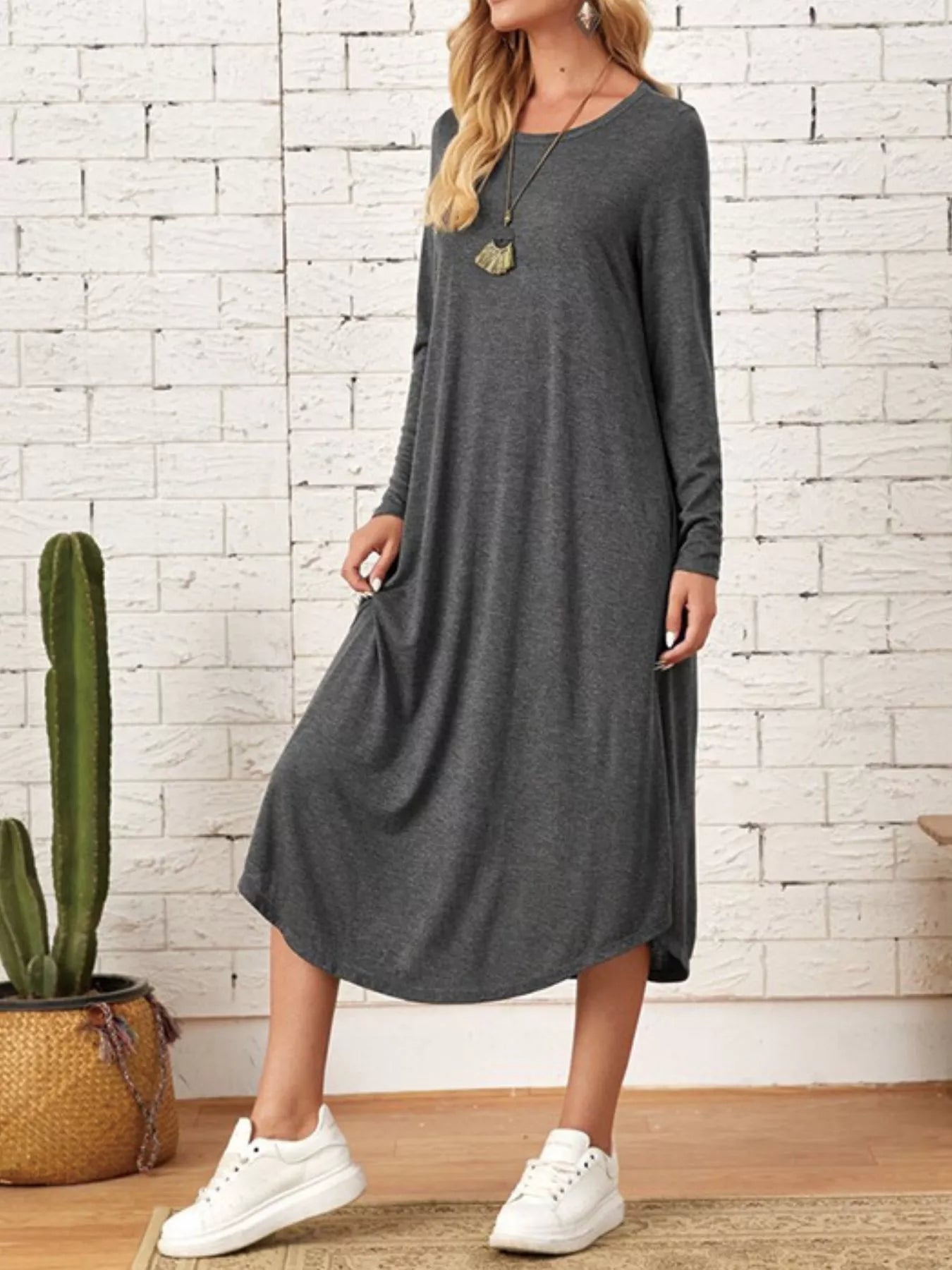 Casual Long Sleeve Pocket Midi Dress