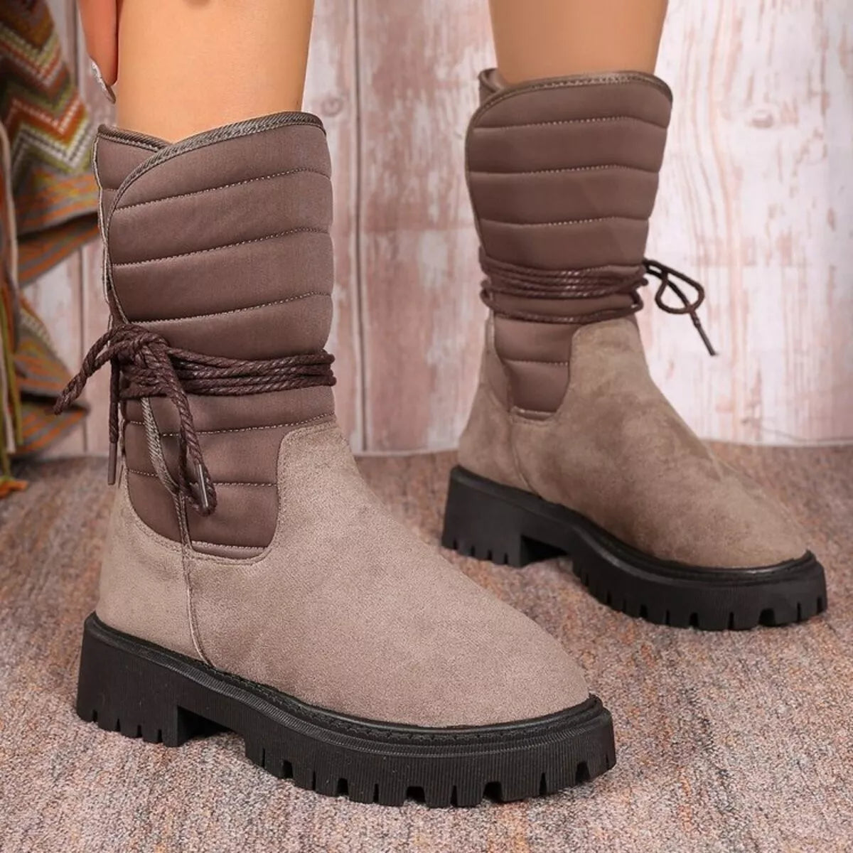 Quilted Lace-Up Mid-Calf Boots