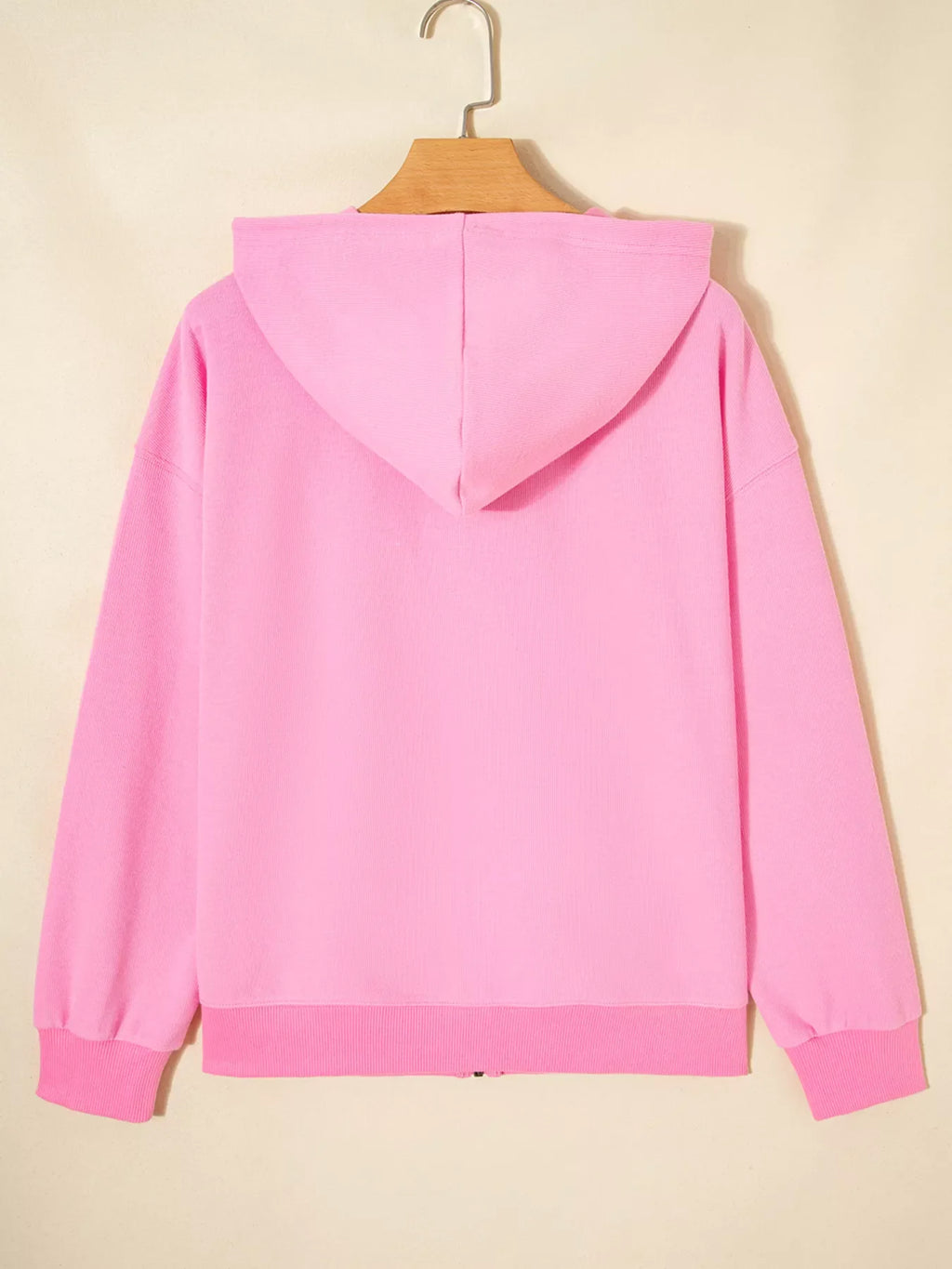 Solid Color Ribbed Zip Up Drawstring Hooded Jacket