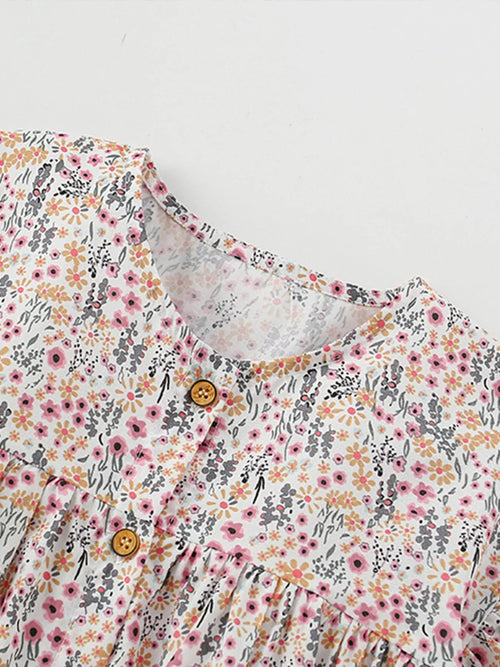Children's Floral Print Button-Front Ruffle Sleeve Dress