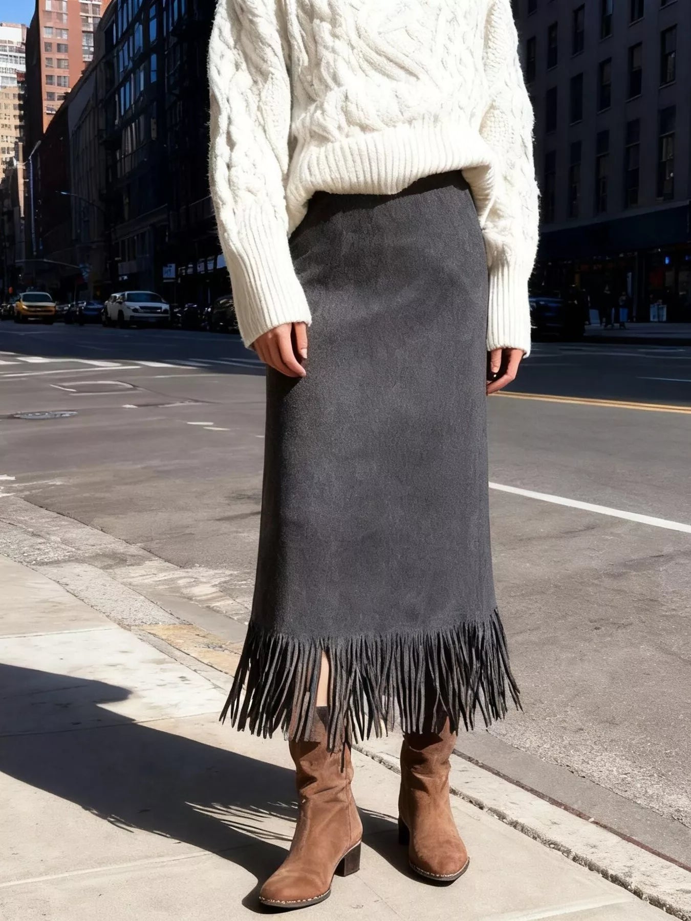 Suede Fringe Midi Skirt