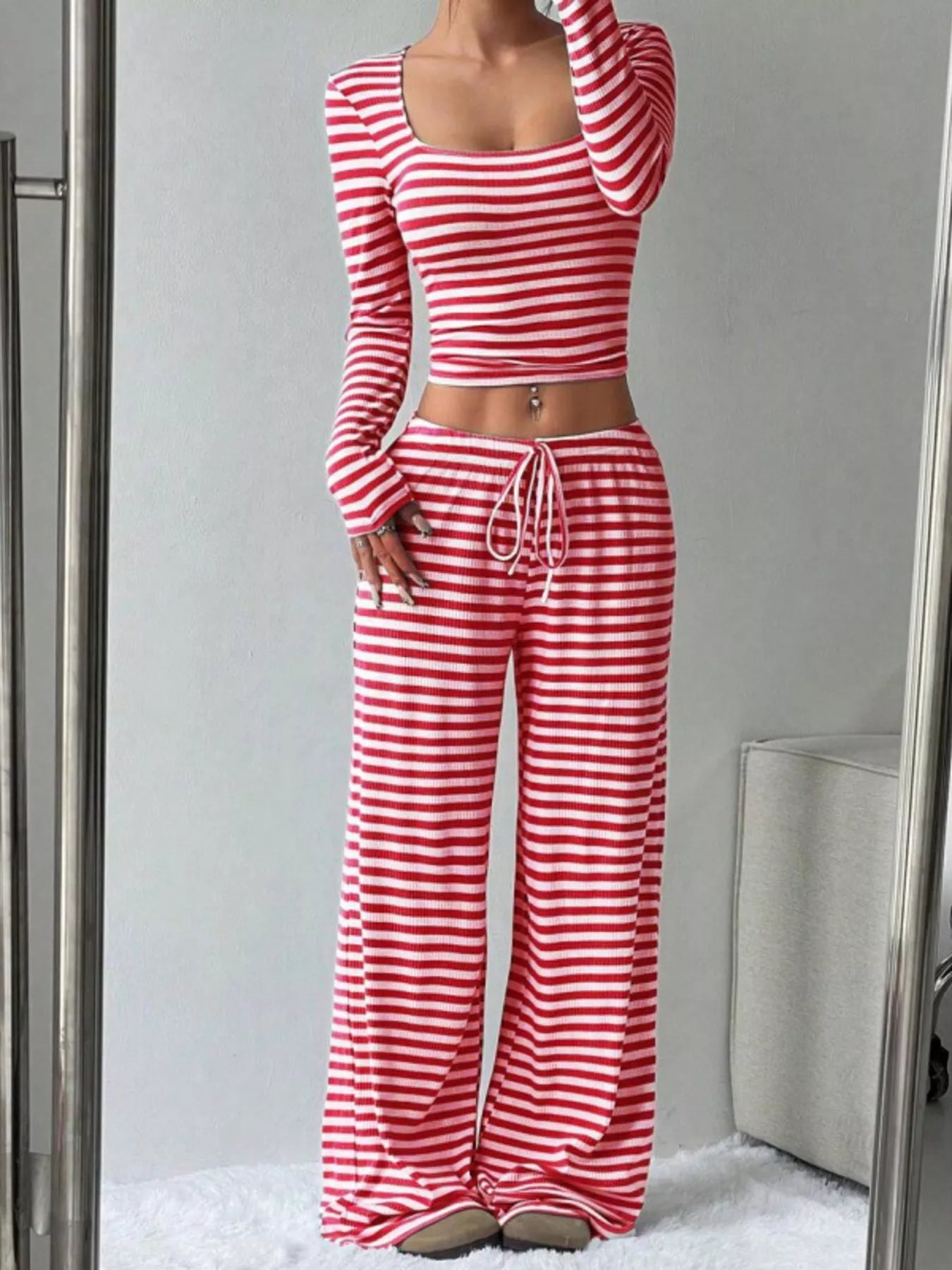 Striped Long Sleeve Crop Top and Wide Leg Pants Set
