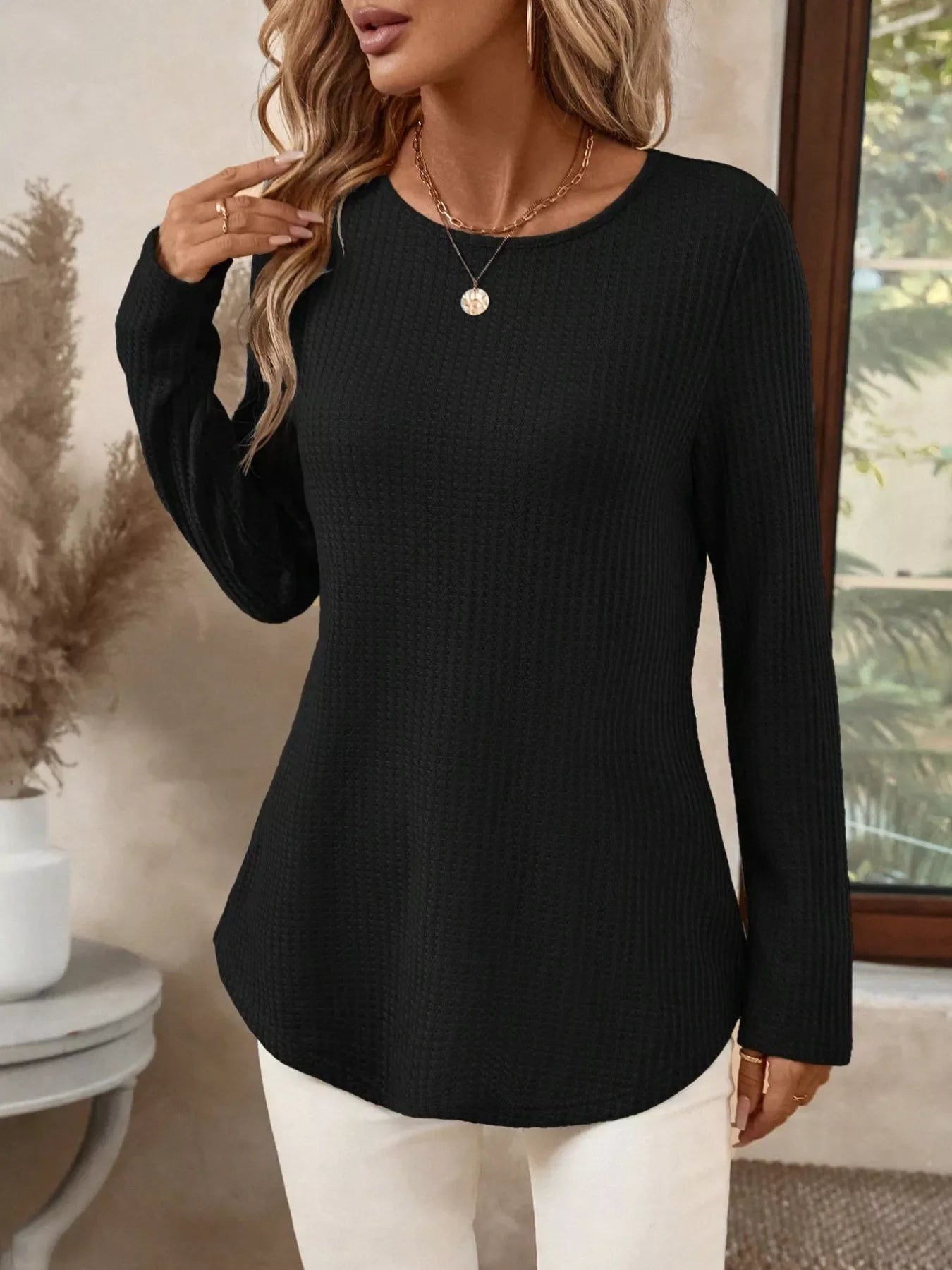 Plus Size Casual Waffle Knit Long Sleeve T-Shirt