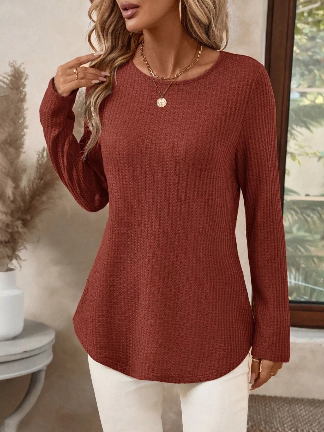 Plus Size Casual Waffle Knit Long Sleeve T-Shirt
