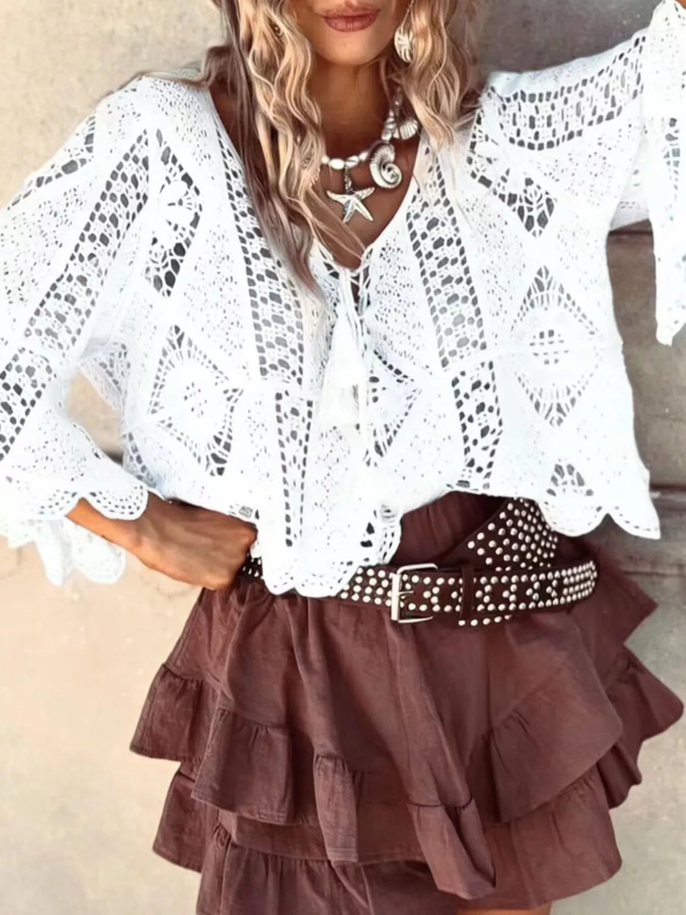 Tassel V-Neck Crochet Knit Top
