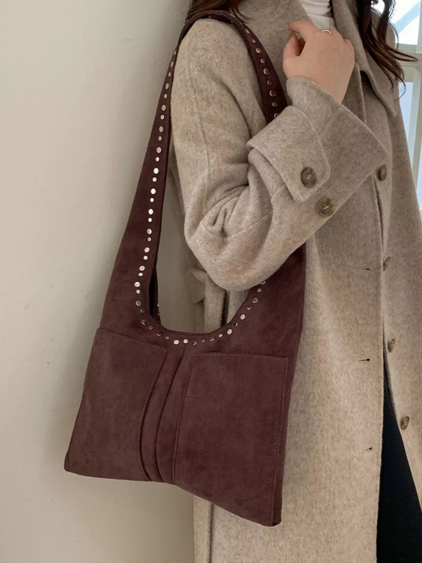 Studded Suede Shoulder Bag